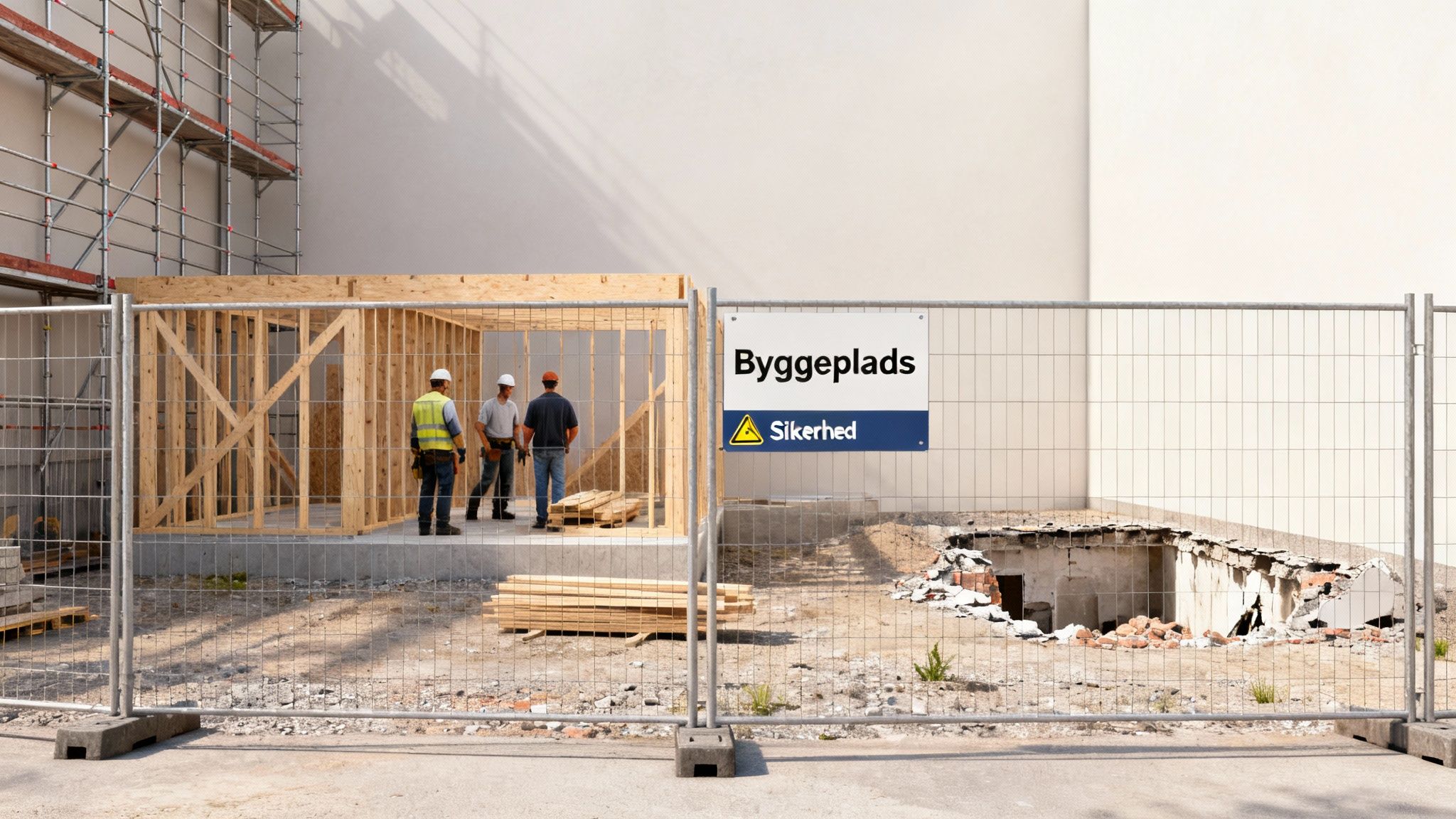 Byggeplads med tømmerkonstruktion, stillads, tre arbejdere, sikkerhedsskilt og byggeaffald.