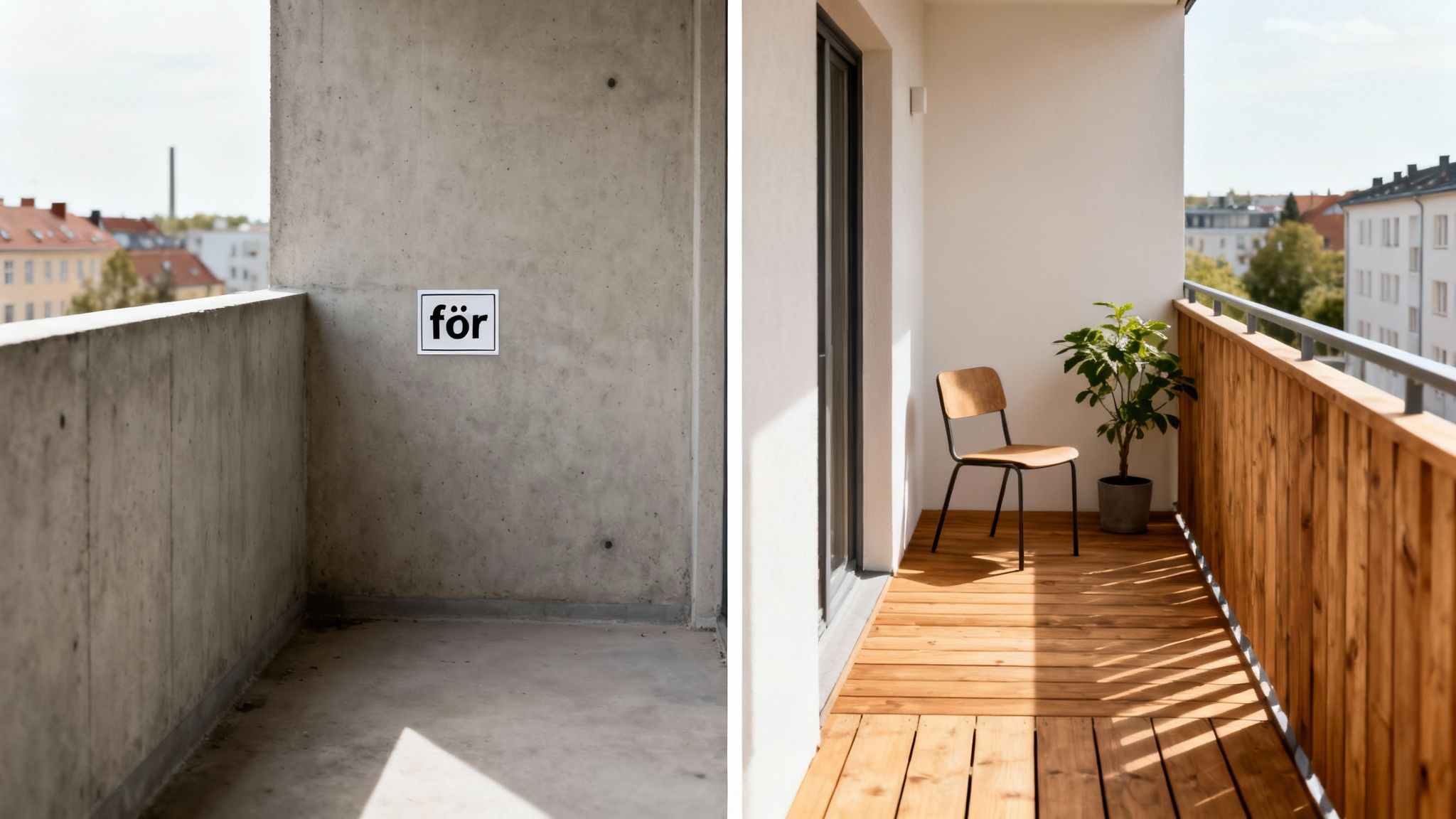 To billeder side om side: En rå betonalaltan og en hyggelig altan med trægulv, stol og plante.