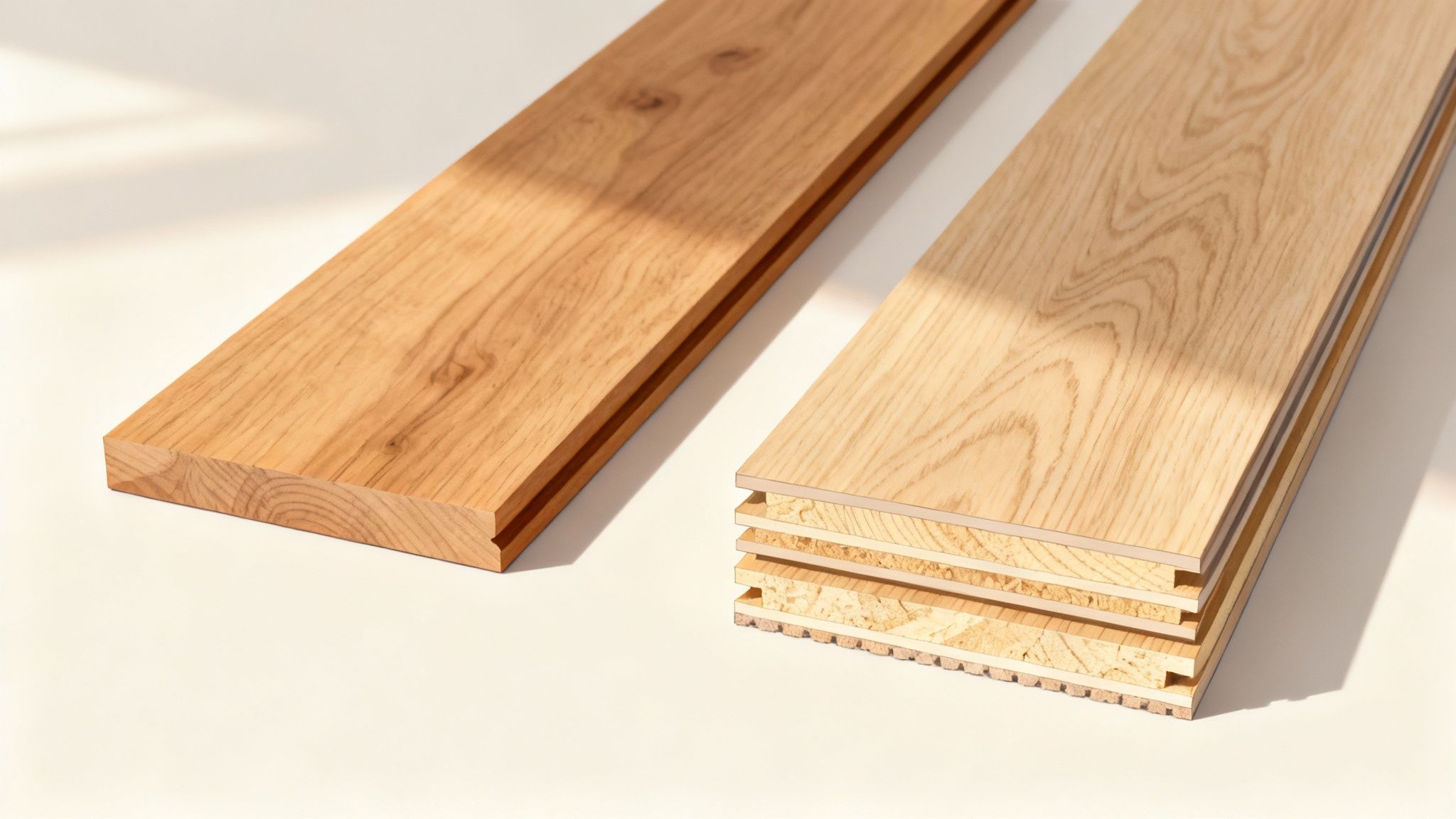Trægulvsprøver der viser forskellen mellem massivt træ og lamelgulv