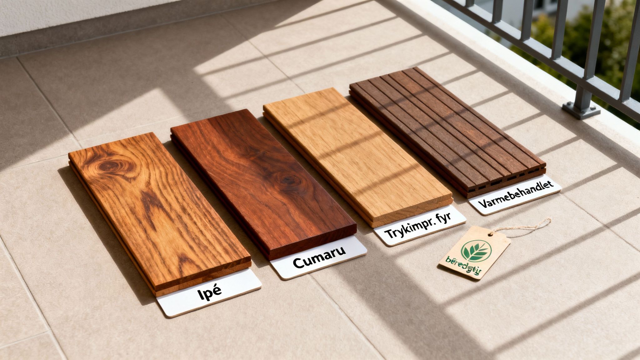 Fire forskellige træprøver til altangulv, herunder Ipé og Cumaru, ligger i sollys på en balkon.