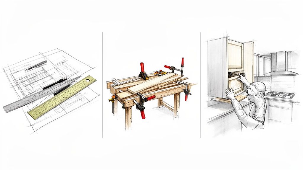 Illustrationer der viser design, træbearbejdning og montering af køkkenskabe og indretning.