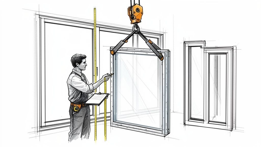 Mand måler vindue under installation med kran i et byggerum, med fokus på præcision og vinduesmontering.