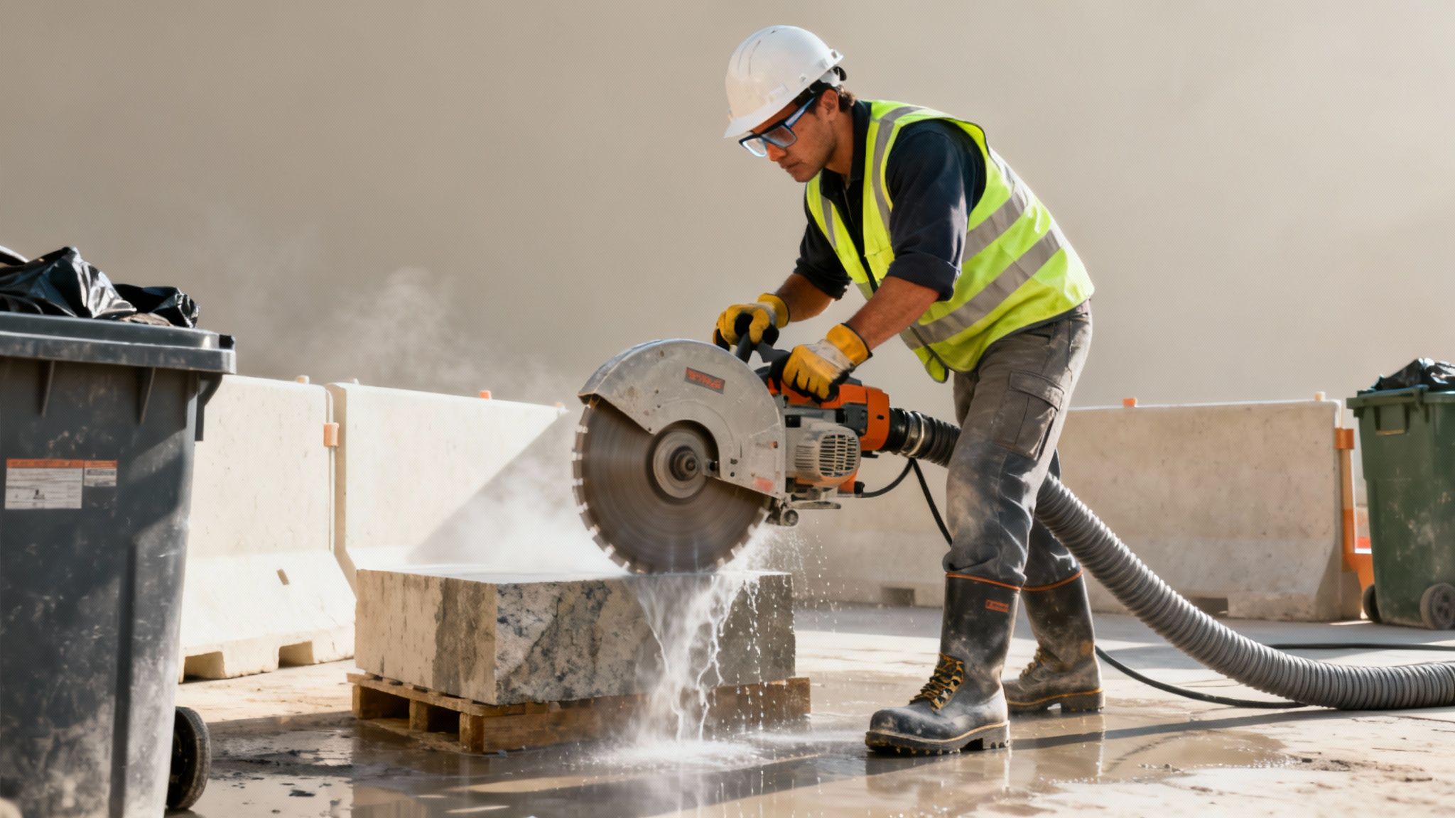 Bygningsarbejder skærer i beton med en vådsav, iført beskyttelsesudstyr på en byggeplads.