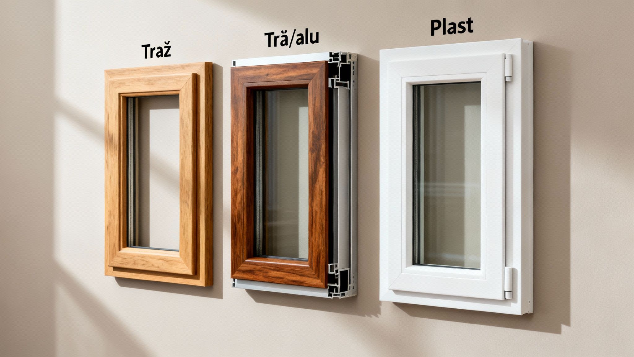 Tre vinduesrammetyper: træ, træ/aluminium og plast, vist som eksempler på en lys væg.
