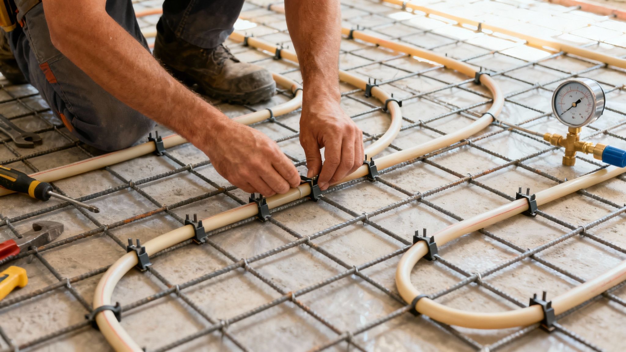 En håndværker installerer gulvvarmeslanger på et armeringsnet, hvilket viser processen med gulvkonstruktion.