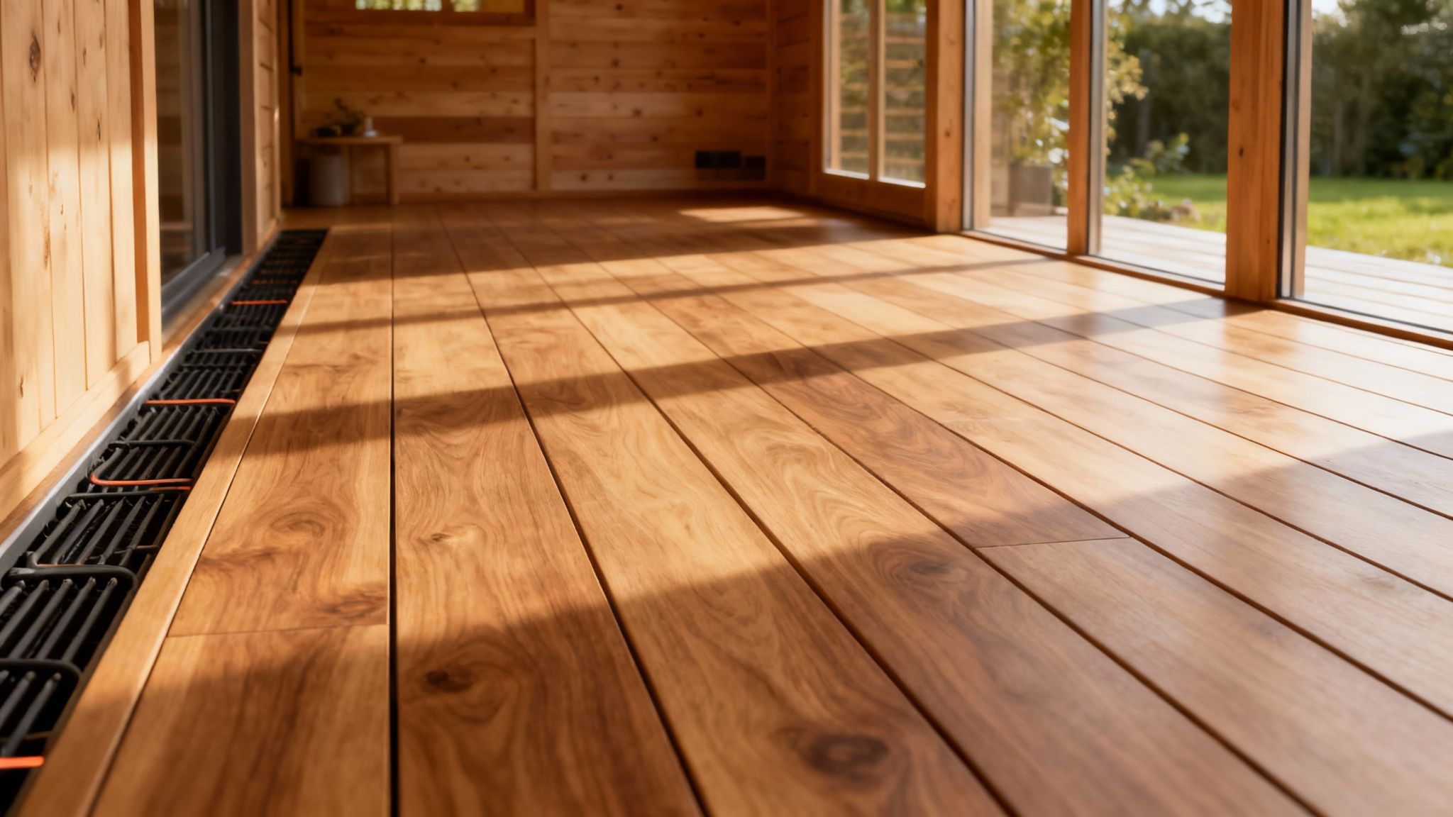 Et smukt, lyst trægulv i et sommerhus, der er installeret oven på et gulvvarmesystem