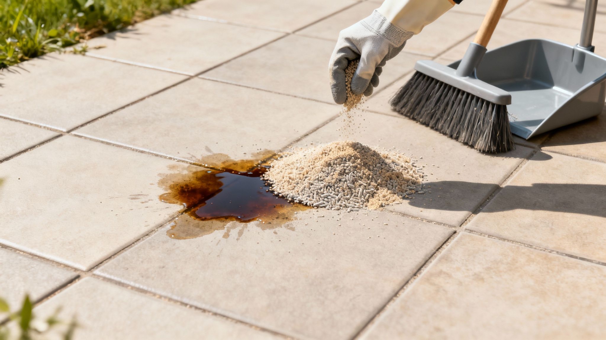 En person der fejer fliserne rene for blade og snavs