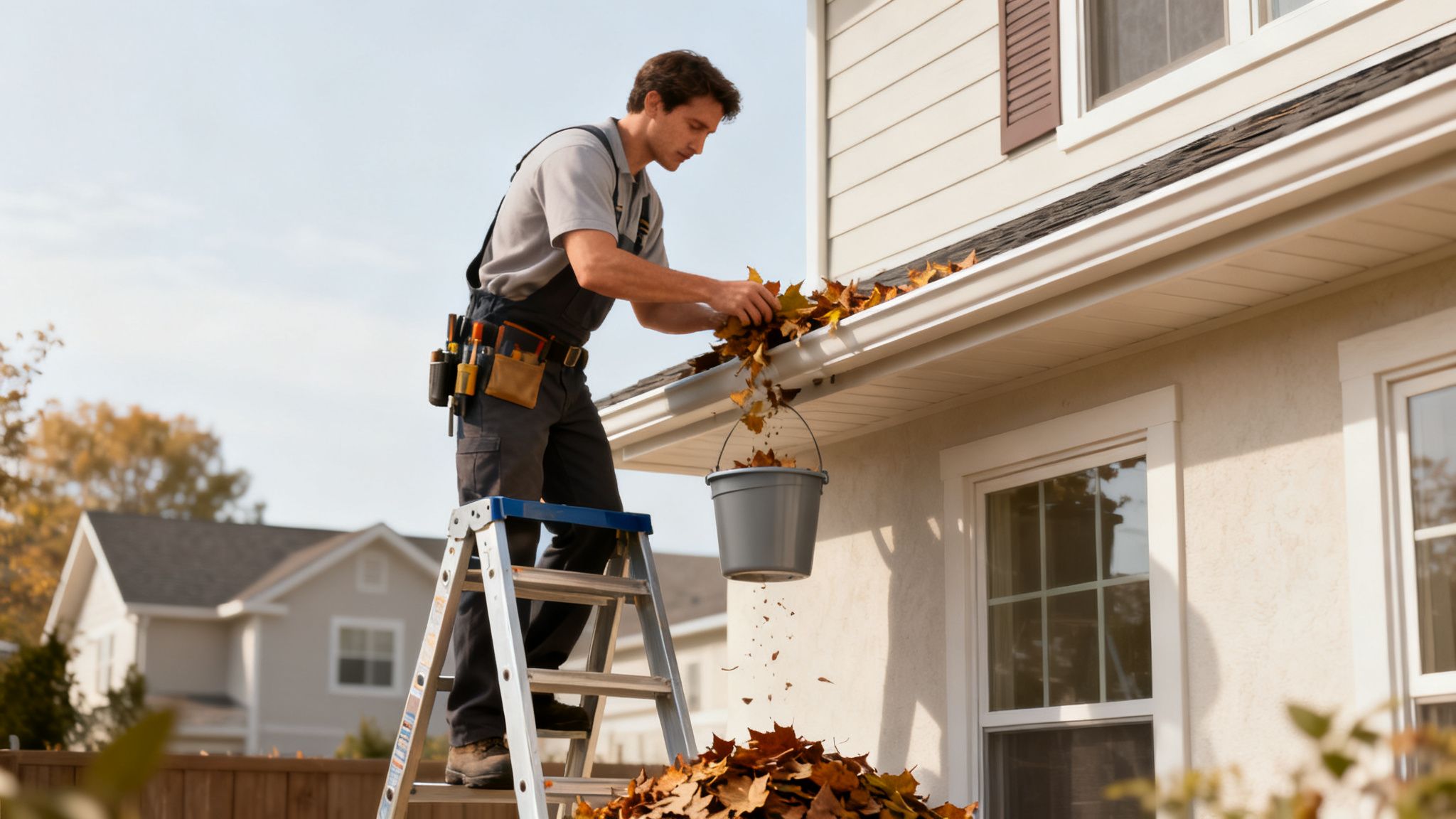 En mand på en stige renser tagrenden for efterårsblade og lægger dem i en spand.