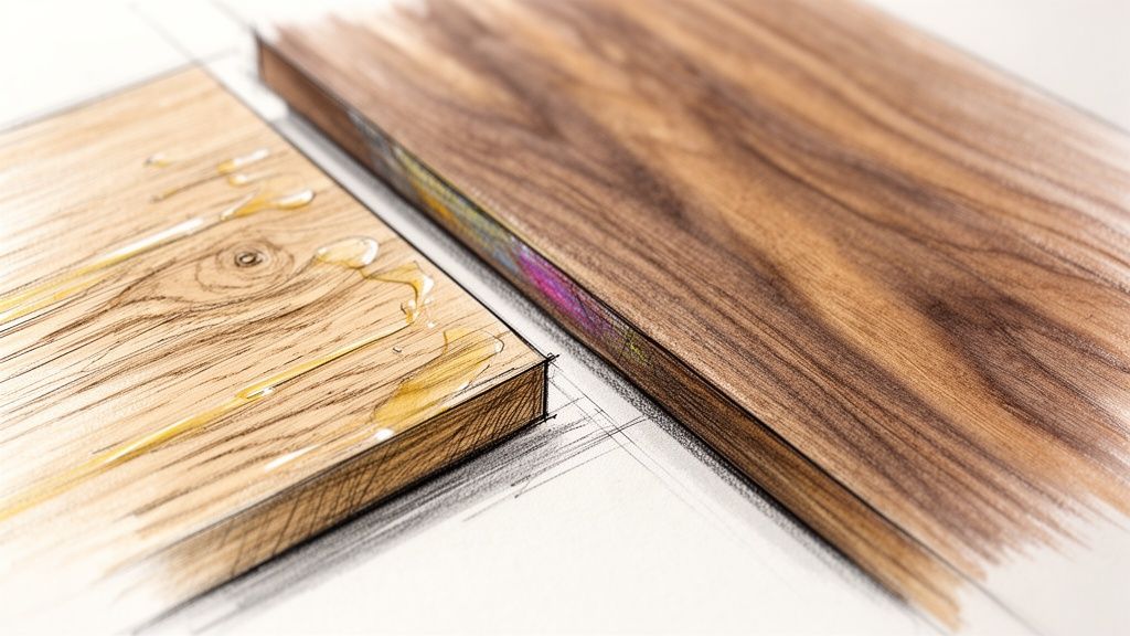 Skitseret design af to træstykker, hvoraf det ene viser træstruktur og gul væske på en lys baggrund.