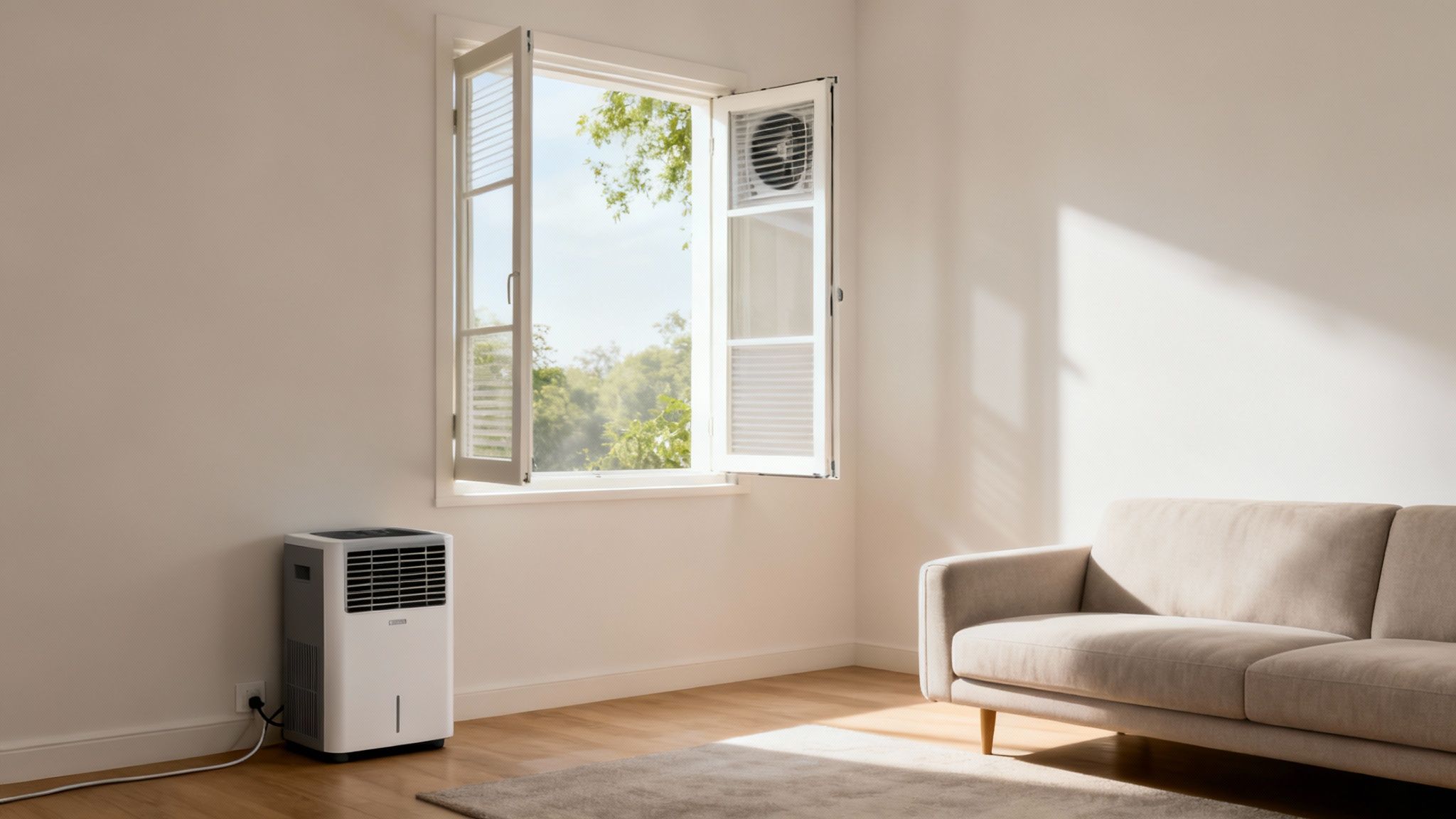 Et lyst værelse med en hvid affugter, en beige sofa og et åbent vindue med udsigt til træer.