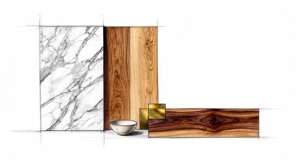 Skitse af et materialevalg med hvid marmor, forskellige træsorter og guldaccenter, samt en lille skål.