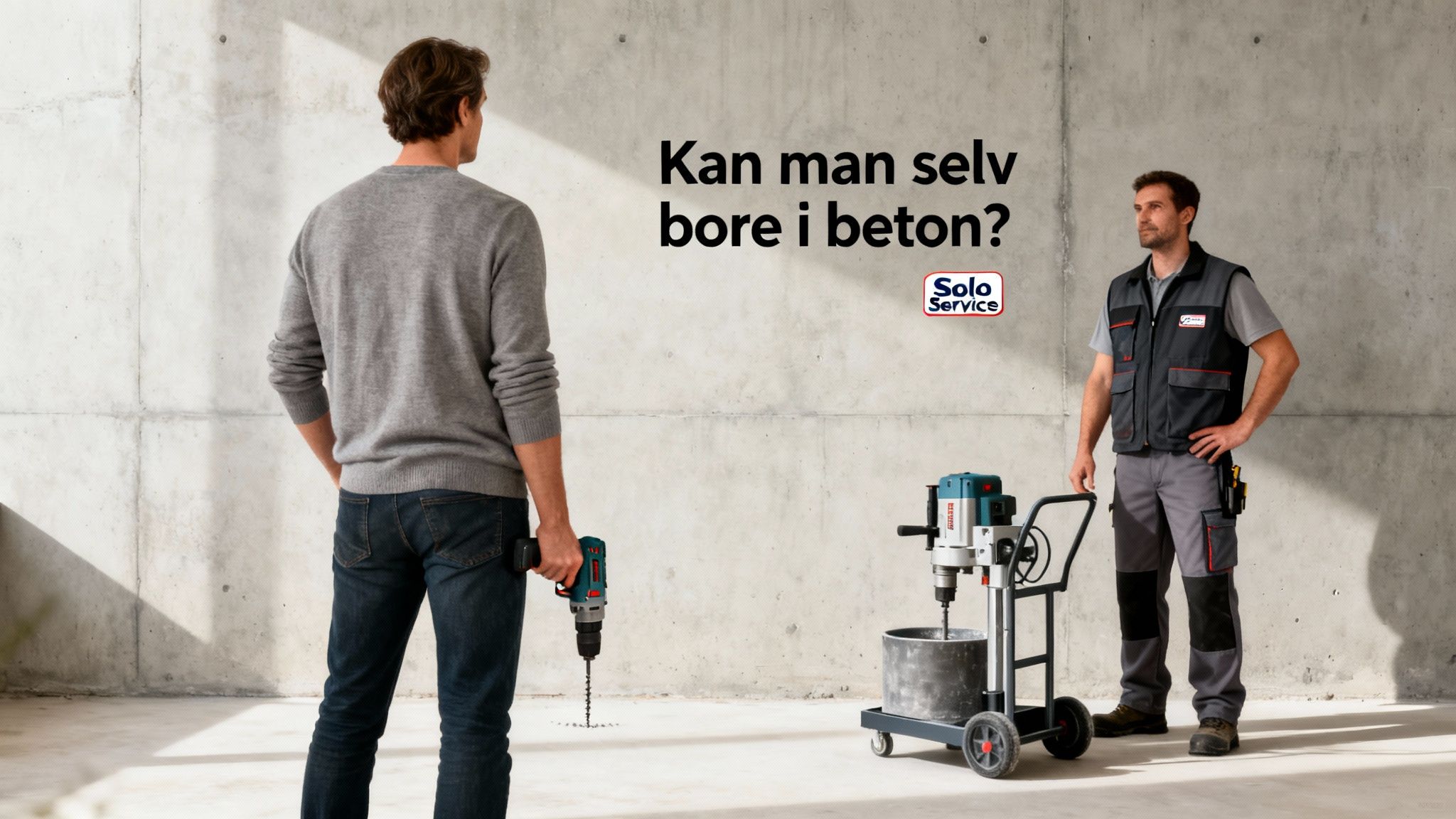 To mænd i et rum med betonvægge. Den ene holder en boremaskine, den anden er professionel. Spørgsmål om boring i beton.