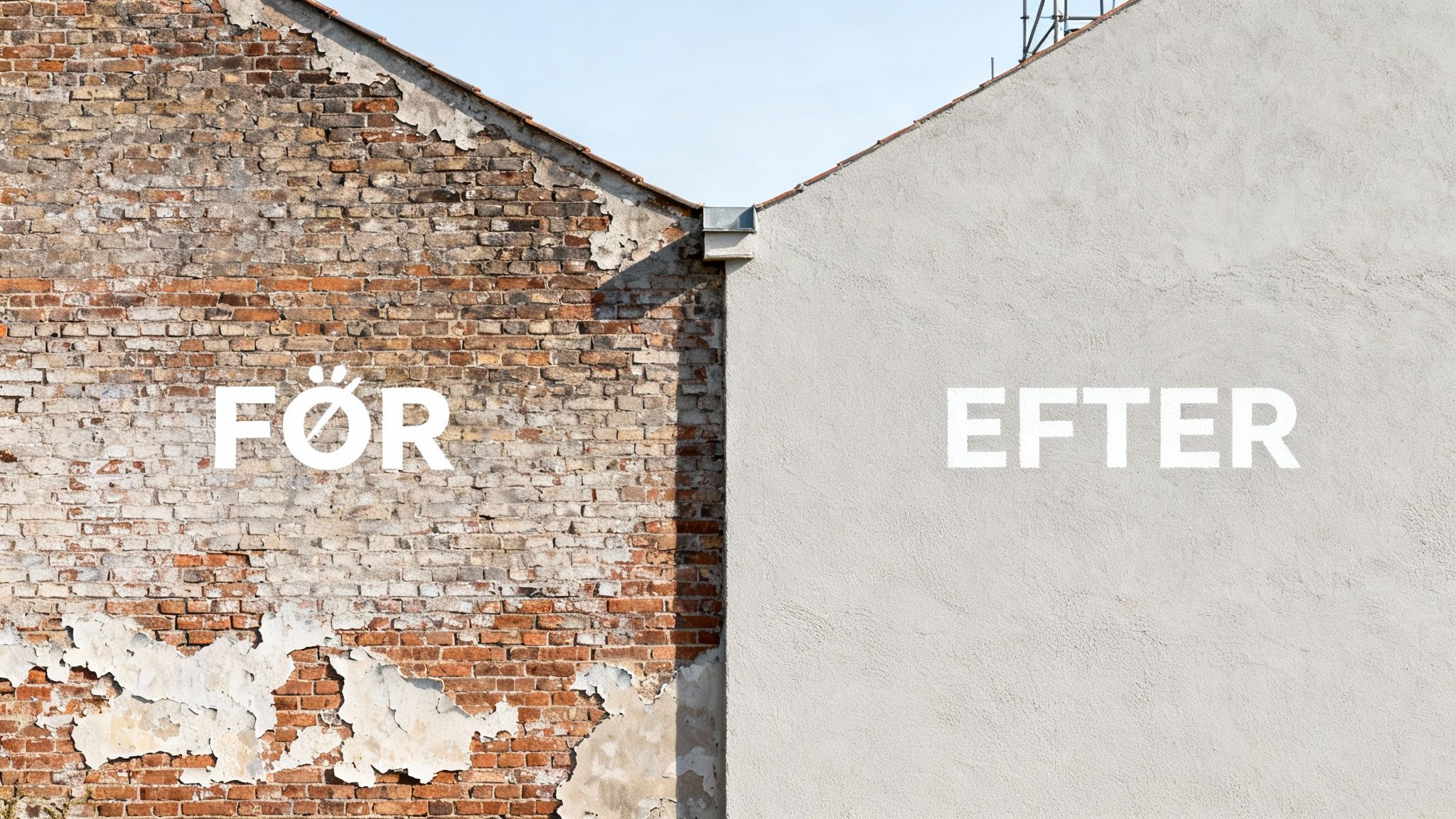 Billede af en væg før og efter vandskuring, med gammel mursten og ny, glat overflade.