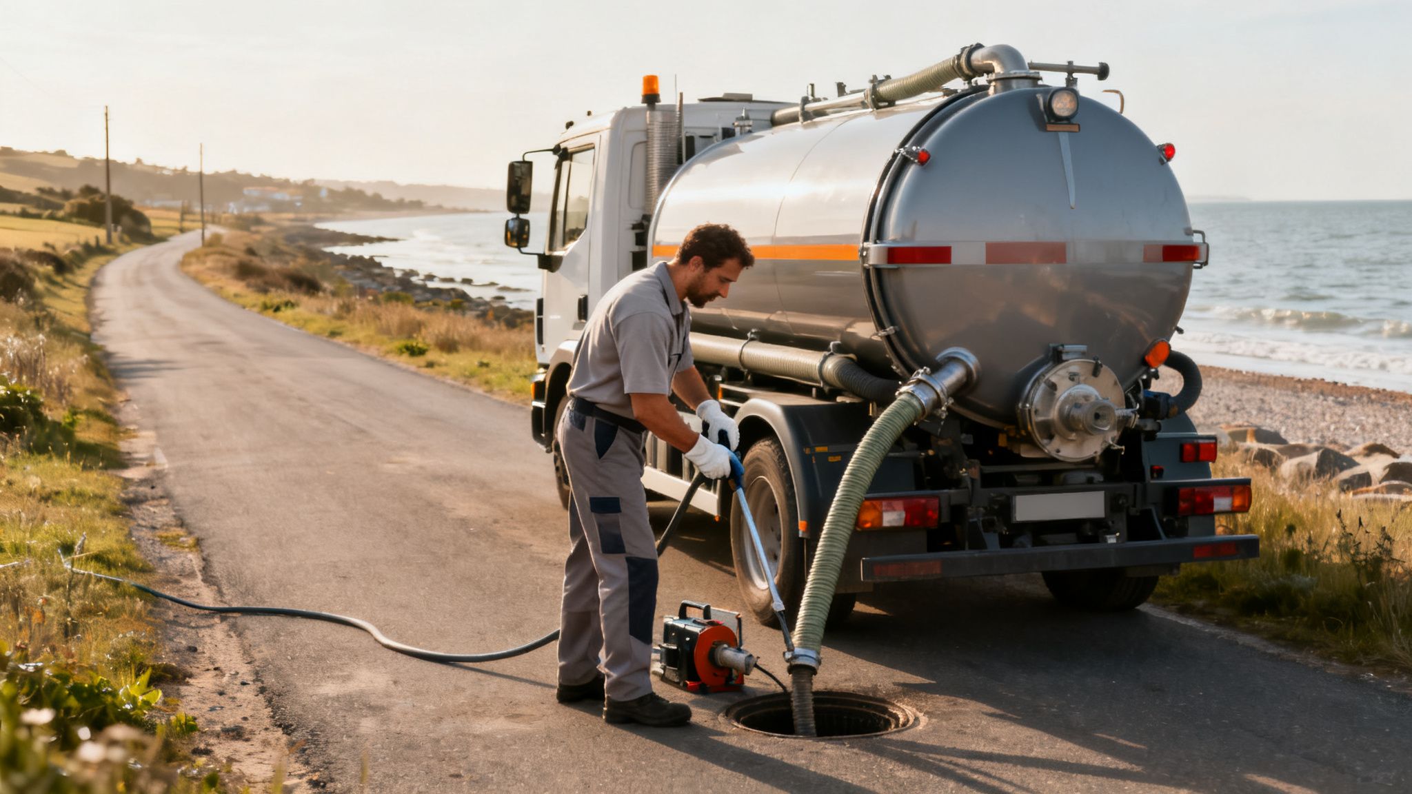 En mand tømmer en kloakbrønd med en slamsugerbil på en kystvej ved havet.