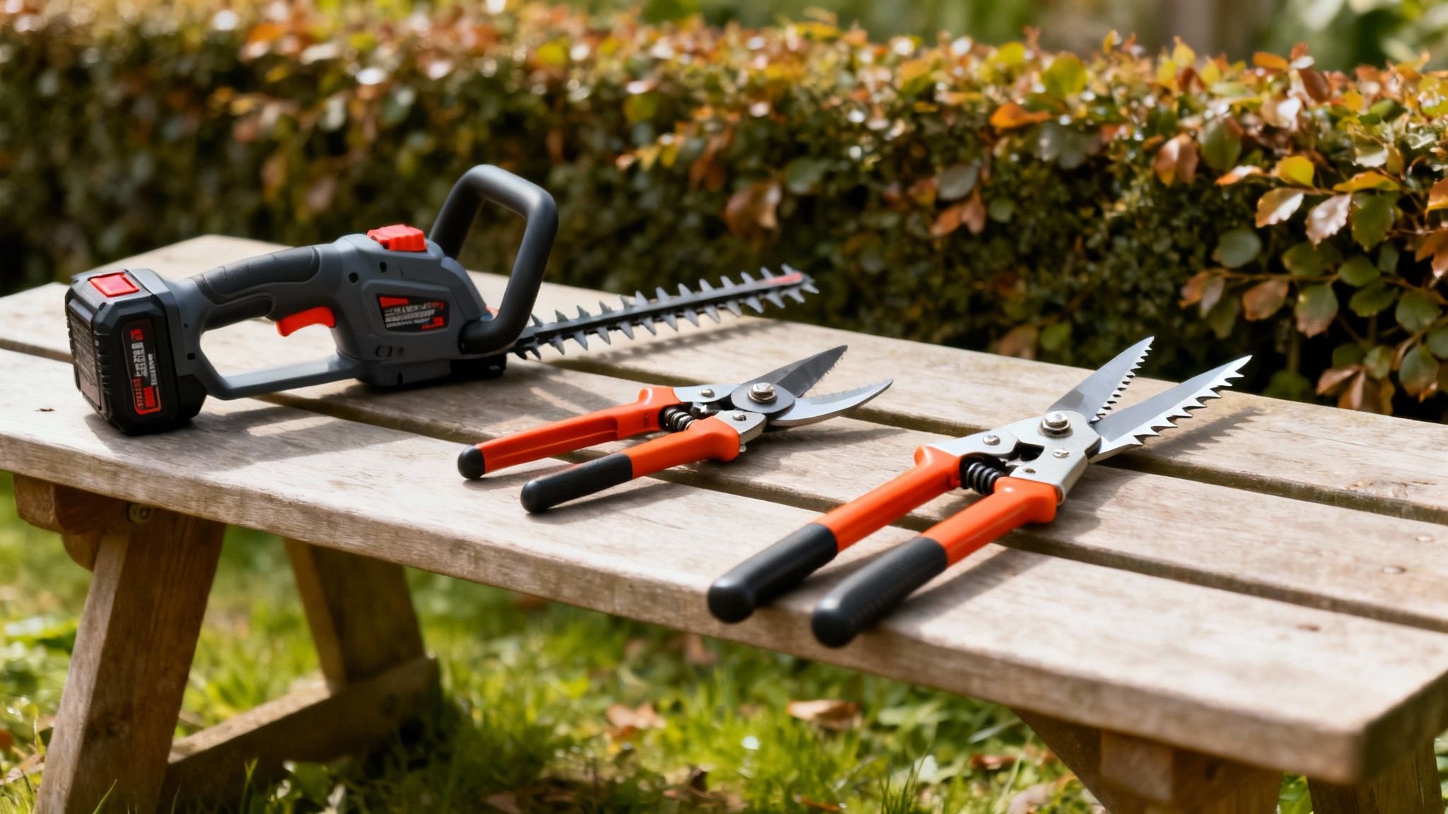 Haveværktøj: en hækkeklipper og to grensakse ligger på en træbænk foran en hæk i en have.