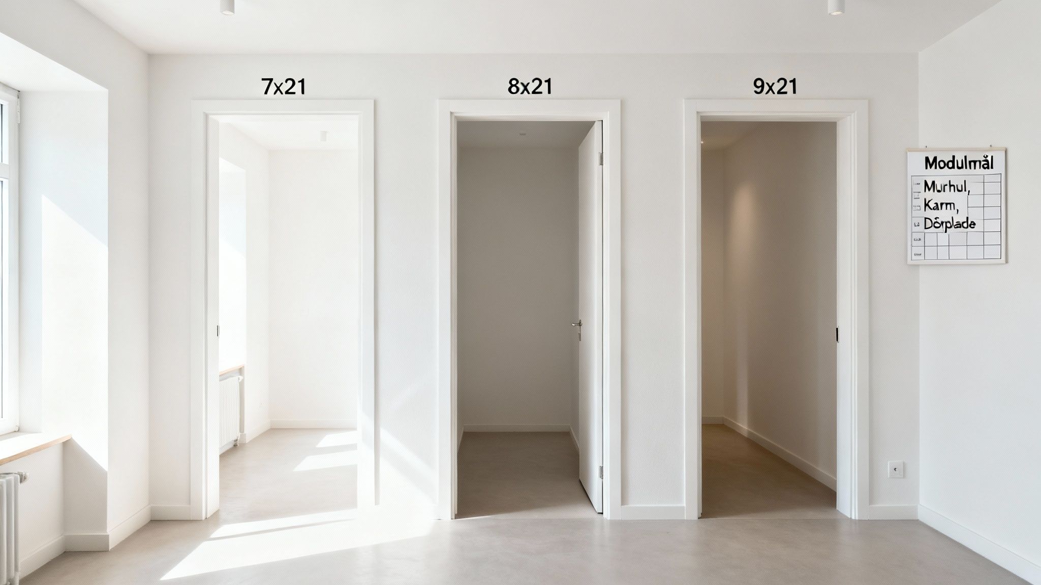 Tre hvide døråbninger med modulmål (7x21, 8x21, 9x21) i lyst, moderne rum.