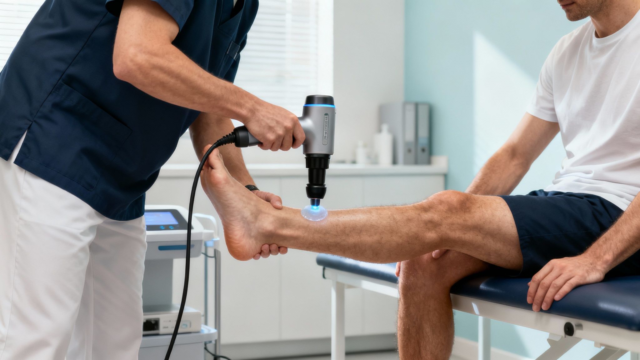 En fysioterapeut behandler en patients underben med chokbølgeterapi i en klinik for at lindre smerter.