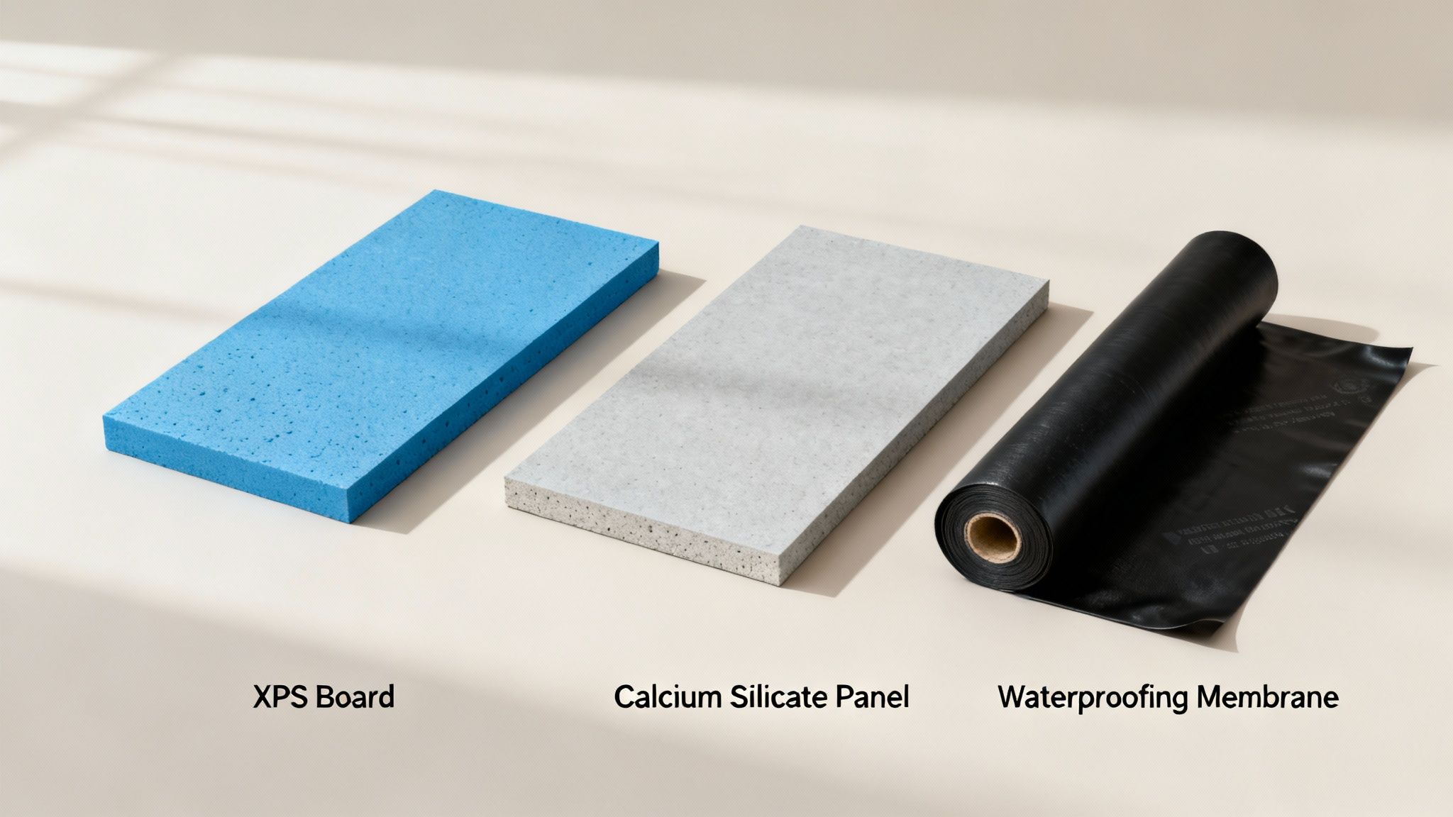 Et udvalg af isoleringsmaterialer egnet til kælderisolering.