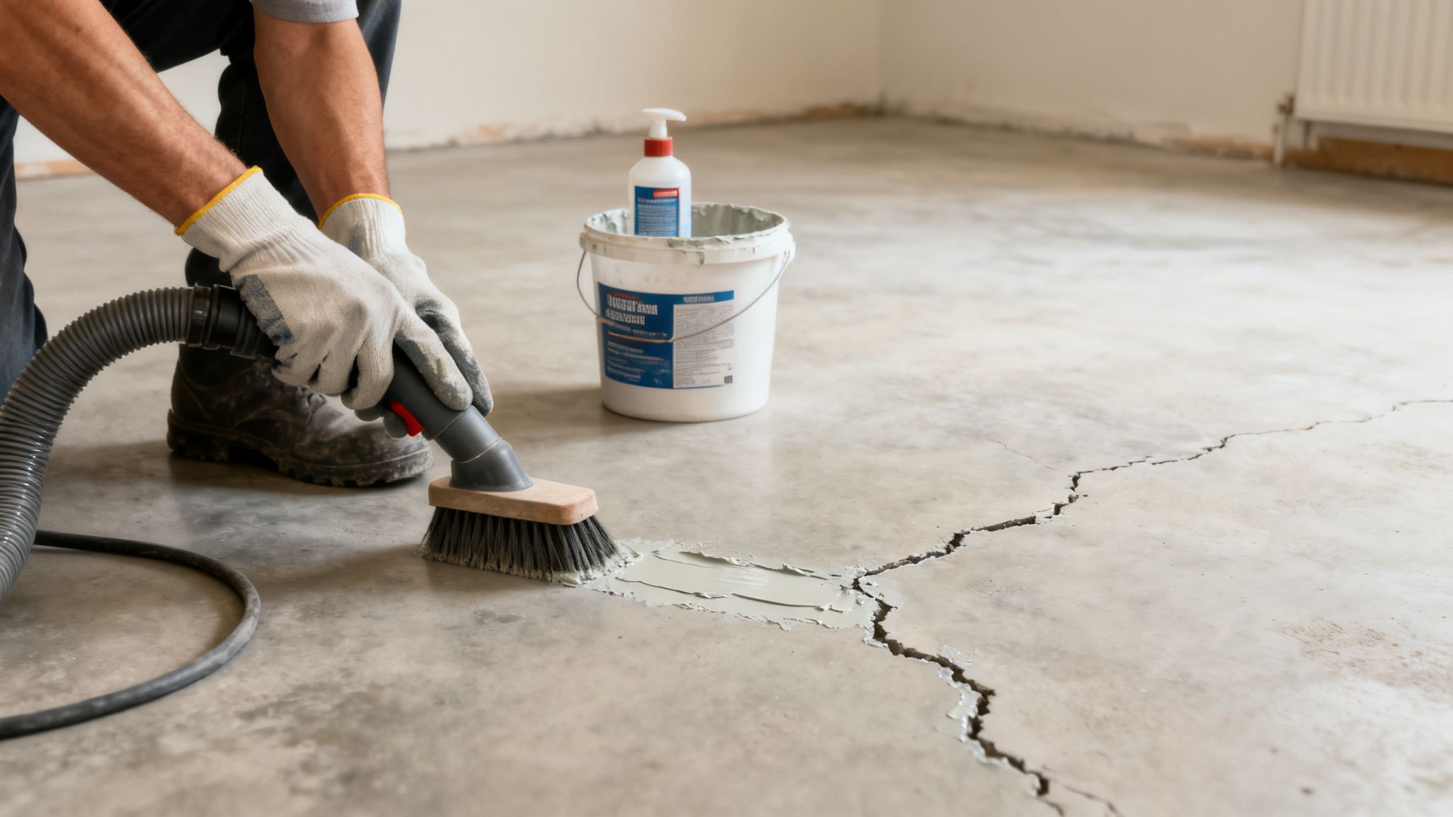 Nærbillede af en person, der forbereder et revnet betongulv med primer til reparation.