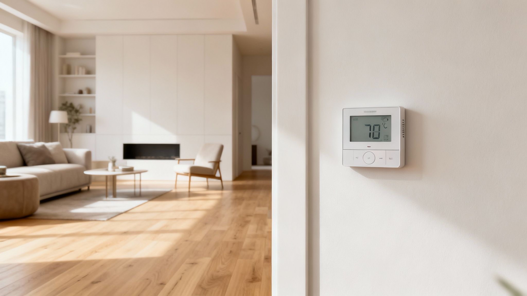 En hvid smart termostat viser 70 grader på væggen i en moderne og lyst indrettet stue.