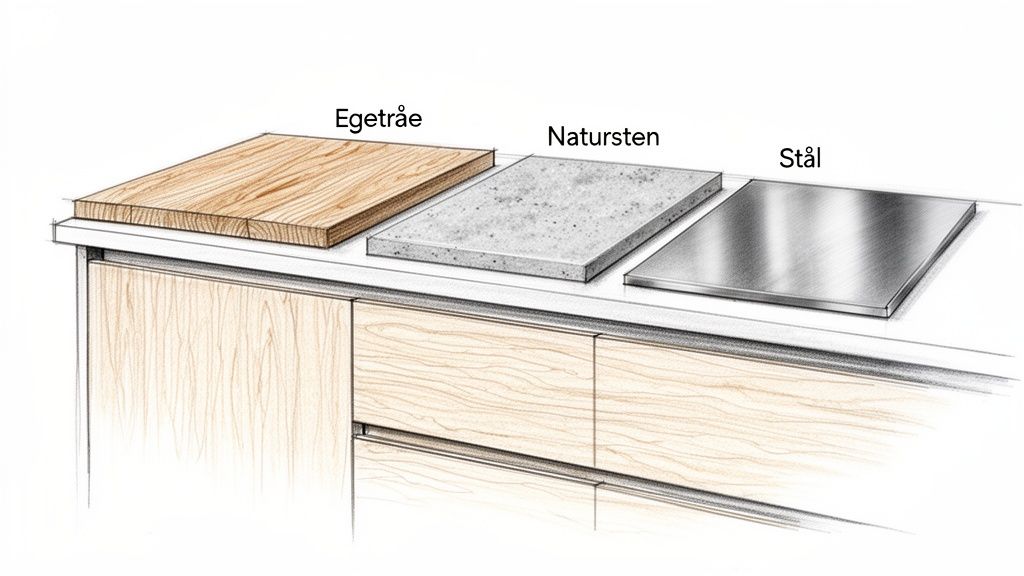Et illustrativt billede viser tre forskellige materialer til køkkenbordplader: egetræ, natursten og stål.