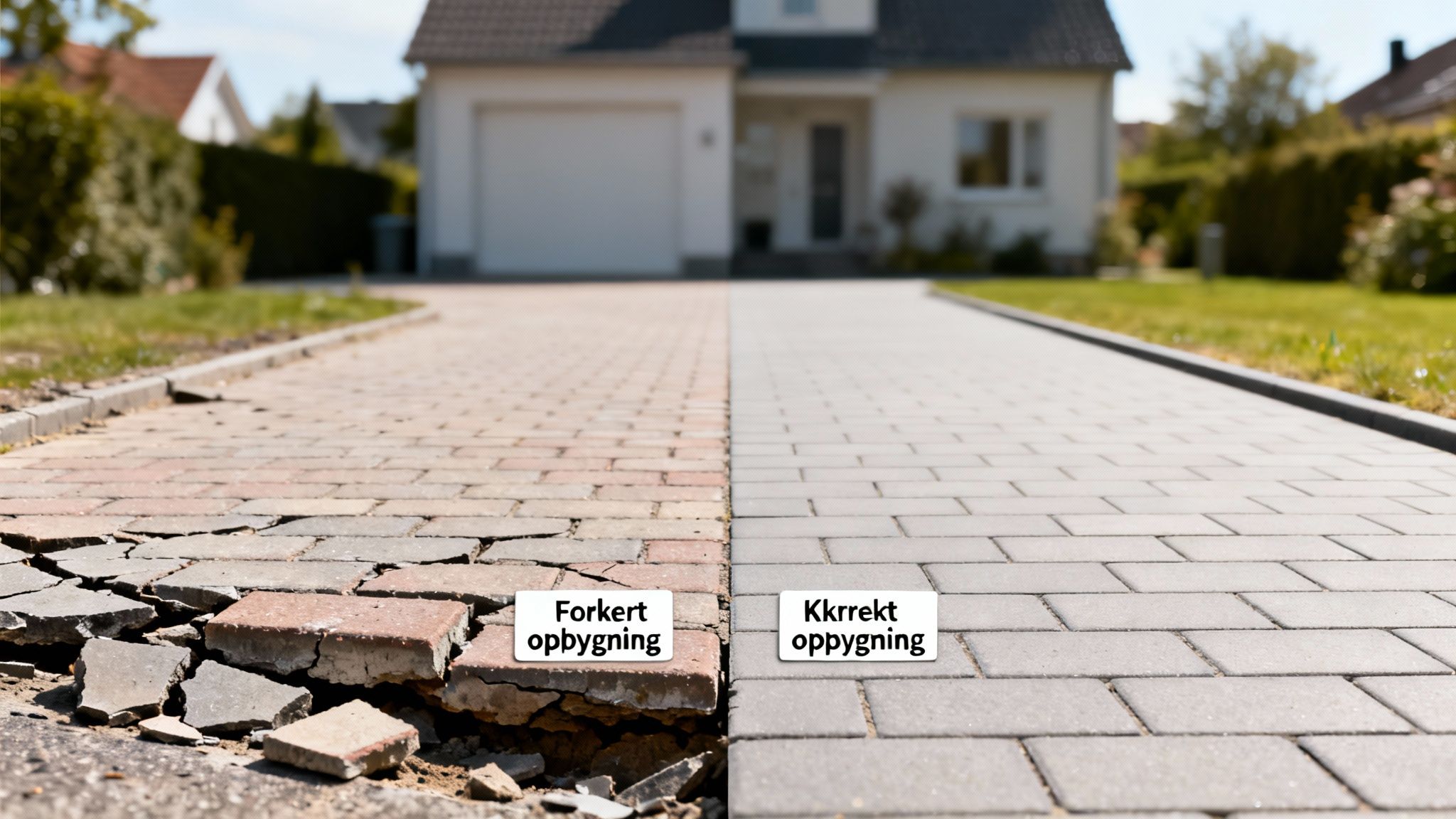 Billede der sammenligner en dårlig og en korrekt opbygget indkørsel med fliser, mærket 'Forkert opbygning' og 'Korrekt opbygning'.