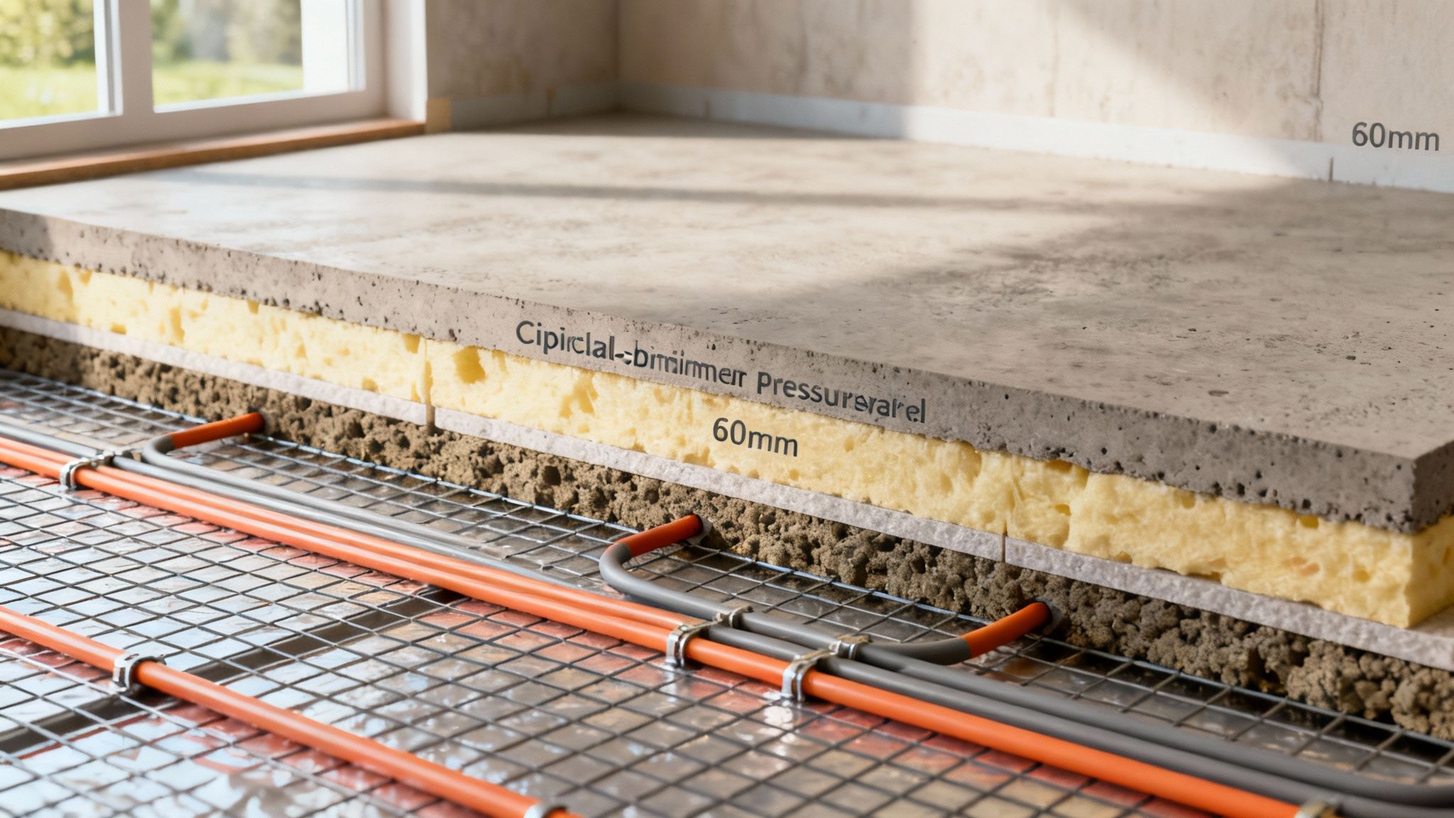 Detaljeret snit af moderne gulvkonstruktion med undergulvvarme, isolering og et betongulv.