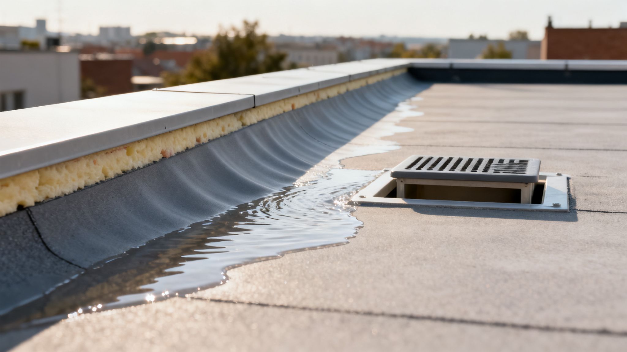 Vand løber mod afløb på et fladt tag med synlig isolering under tagkanten i solskin.