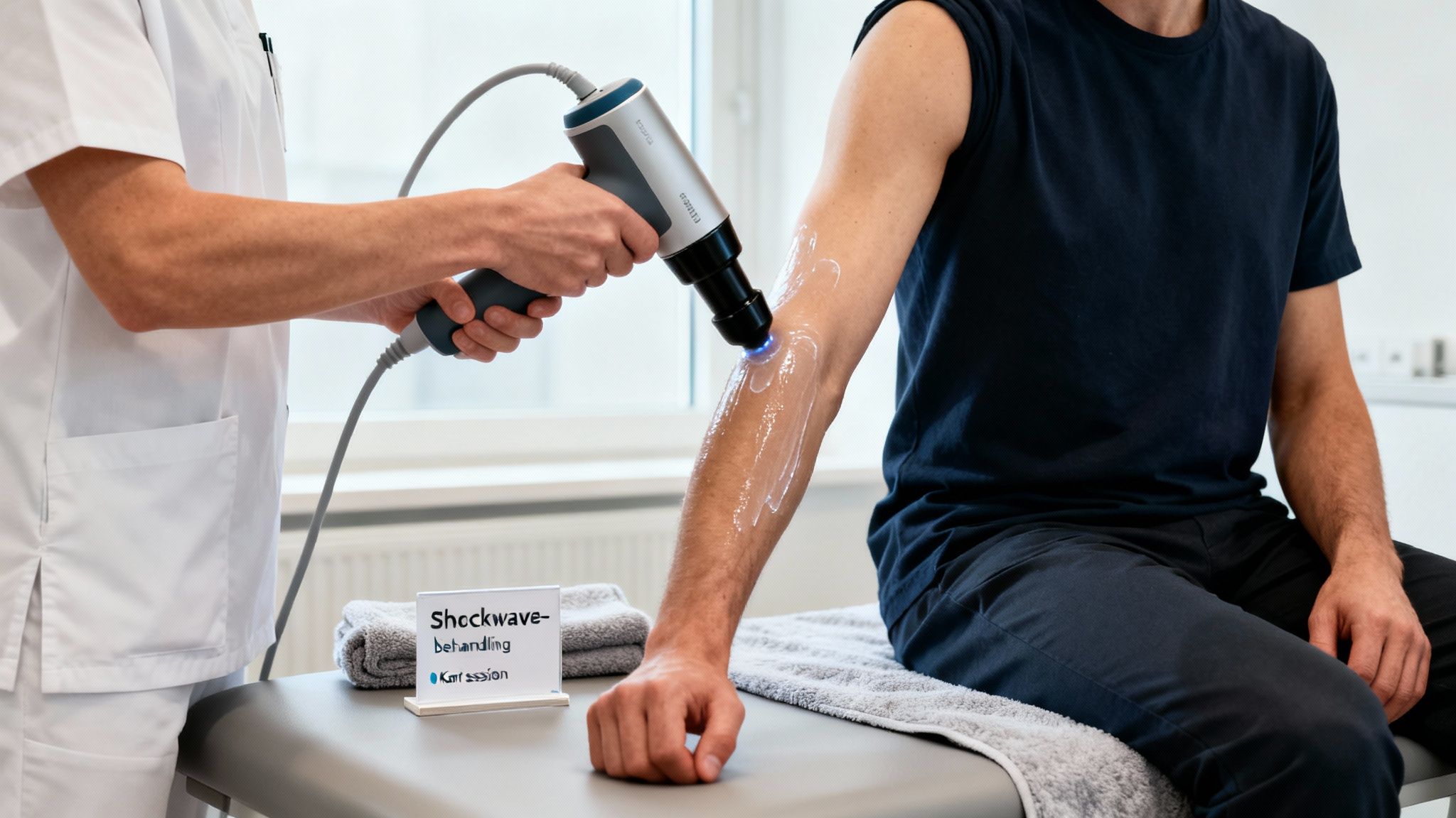 Medicinsk professionel udfører shockwave-behandling på en patients arm, med gel og udstyr synligt.