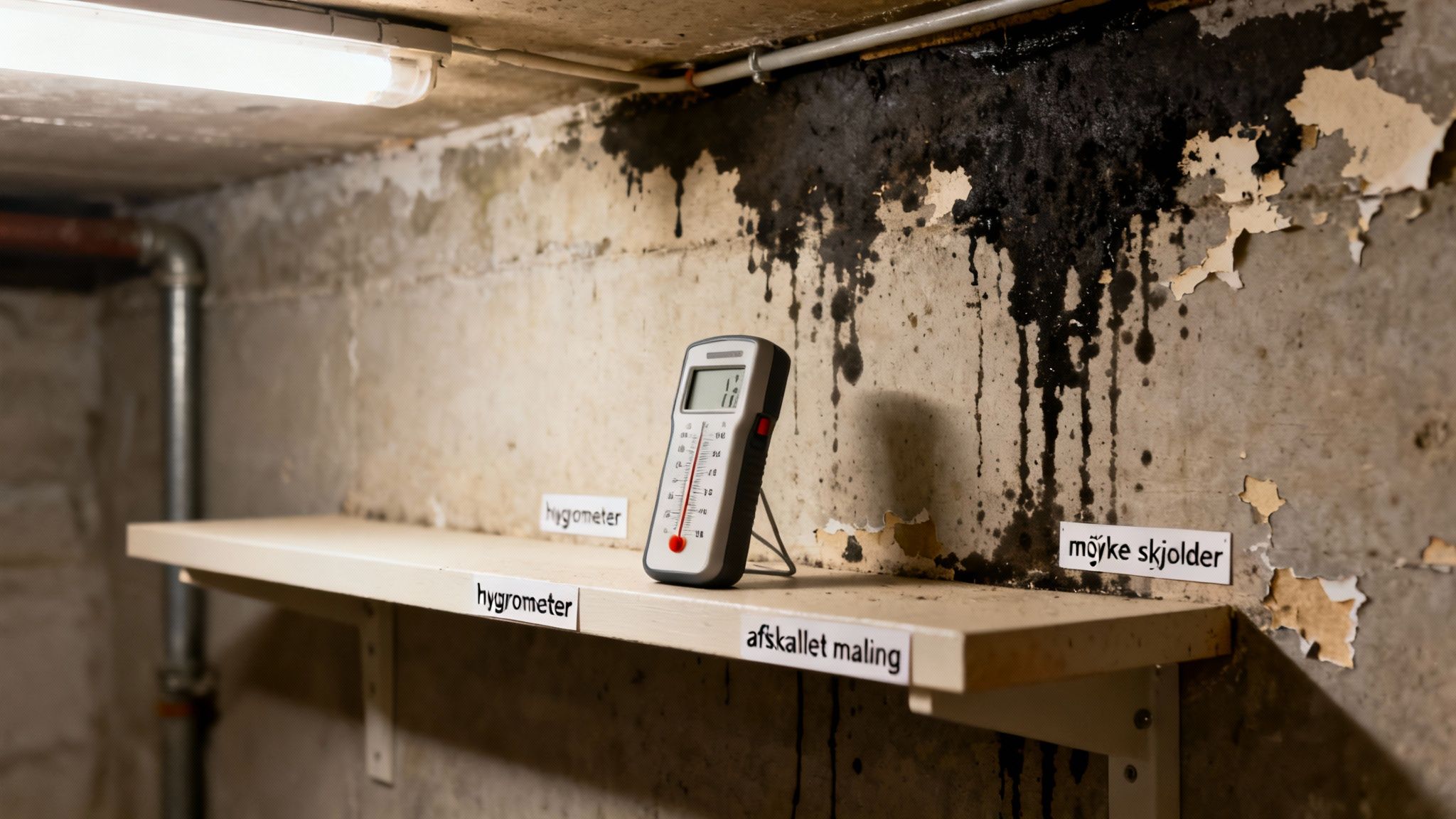 Et hygrometer måler høj luftfugtighed i en fugtig kælder med skimmel og afskallet maling.