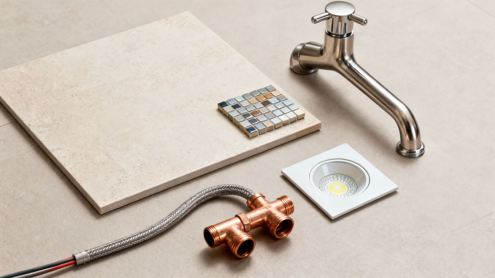 Et udvalg af materialer til badeværelsesrenovering, herunder fliser, armatur, lys og VVS-dele.