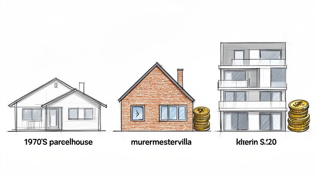Illustration af tre hustyper: et parcelhus fra 70'erne, en murermestervilla og en moderne boligblok, med mønter.