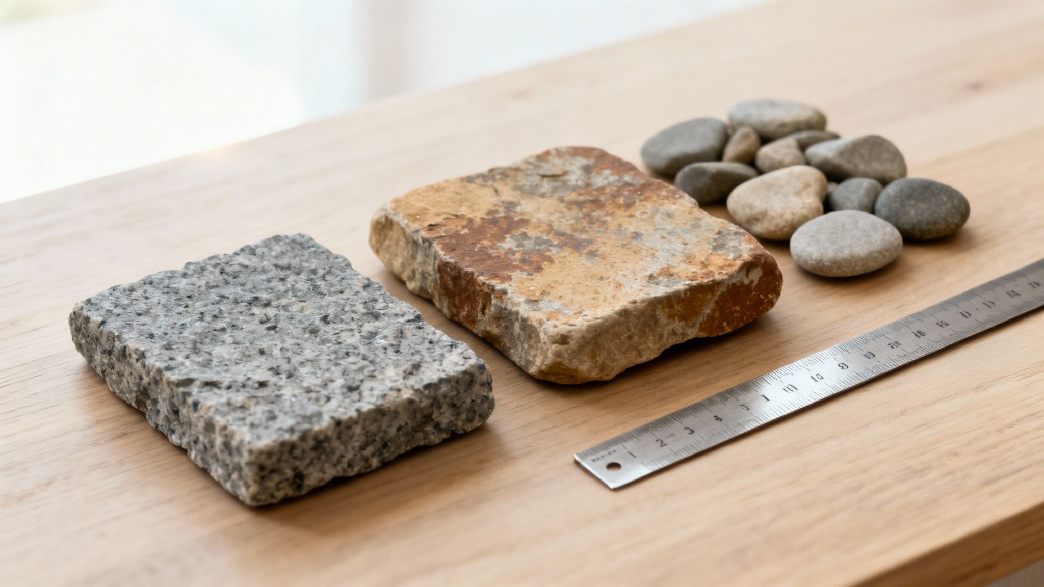 Forskellige typer sten, herunder granit, sandsten og runde rullesten, samt en lineal på en træoverflade, klar til sammenligning.