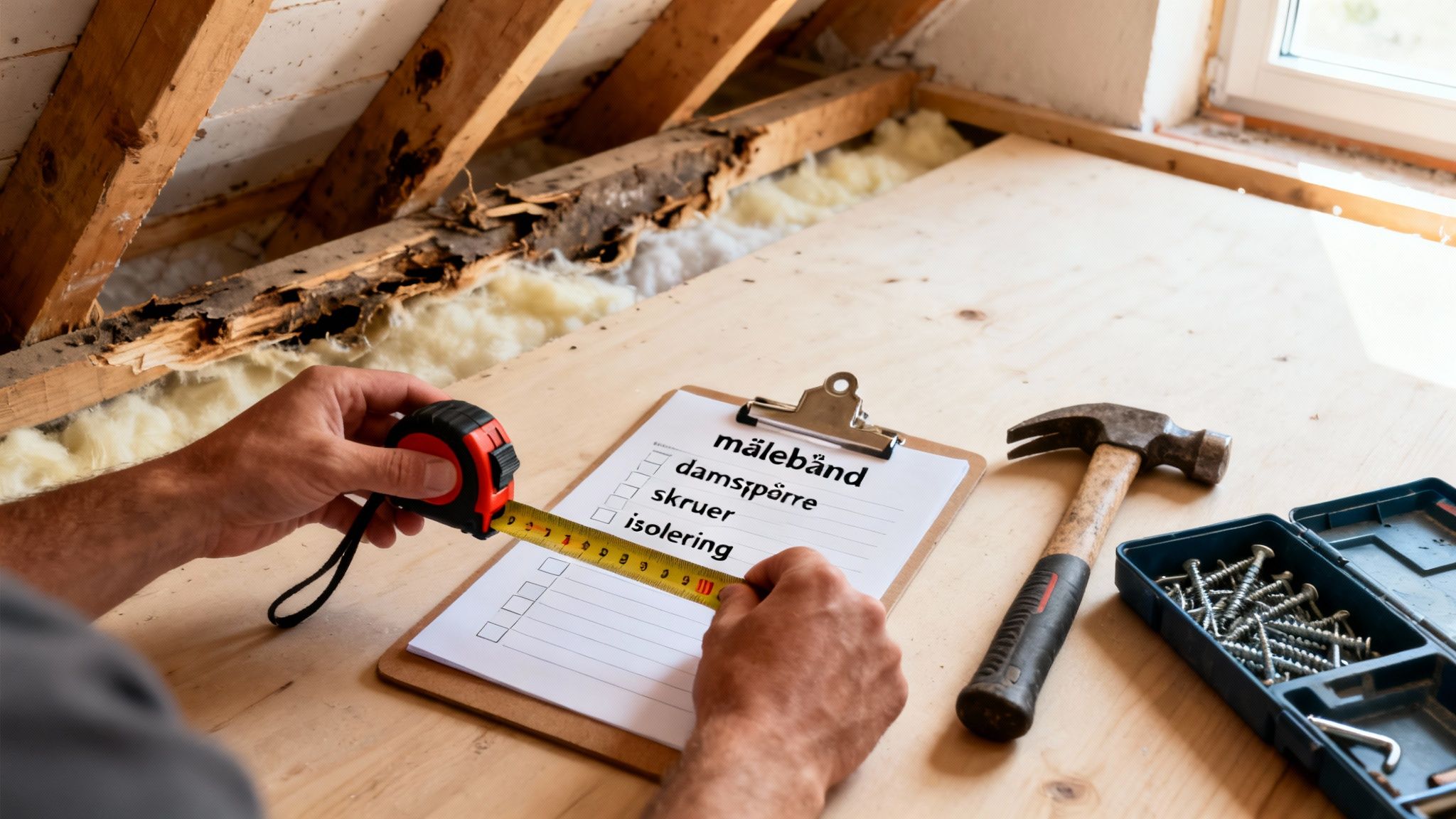 En person måler med målebånd i et loftsrum under renovering, med byggematerialer og en checkliste.