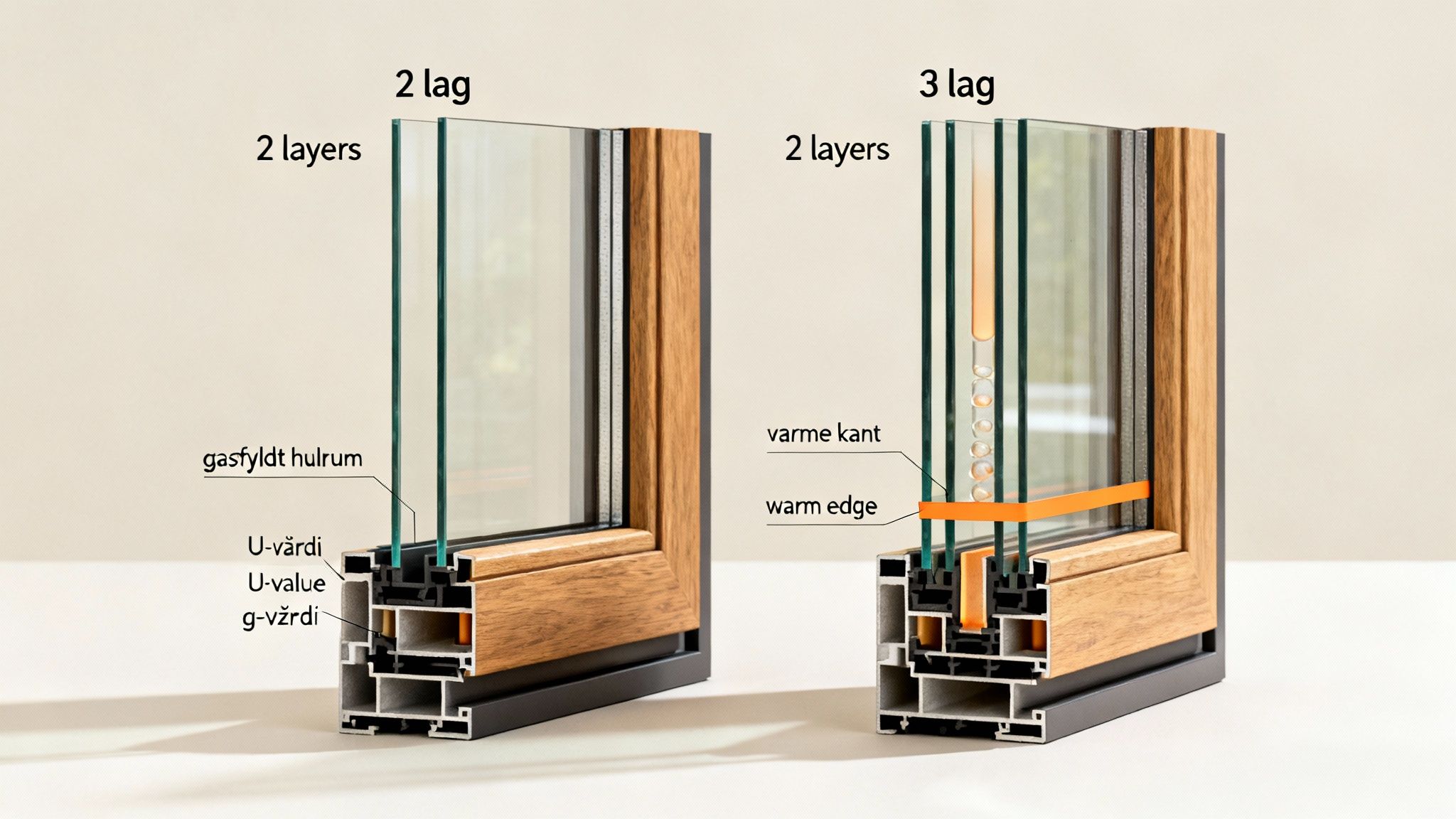 To tværsnit af vinduer, et med 2 lag og et med 3 lag, der viser isolering og konstruktionsdetaljer.