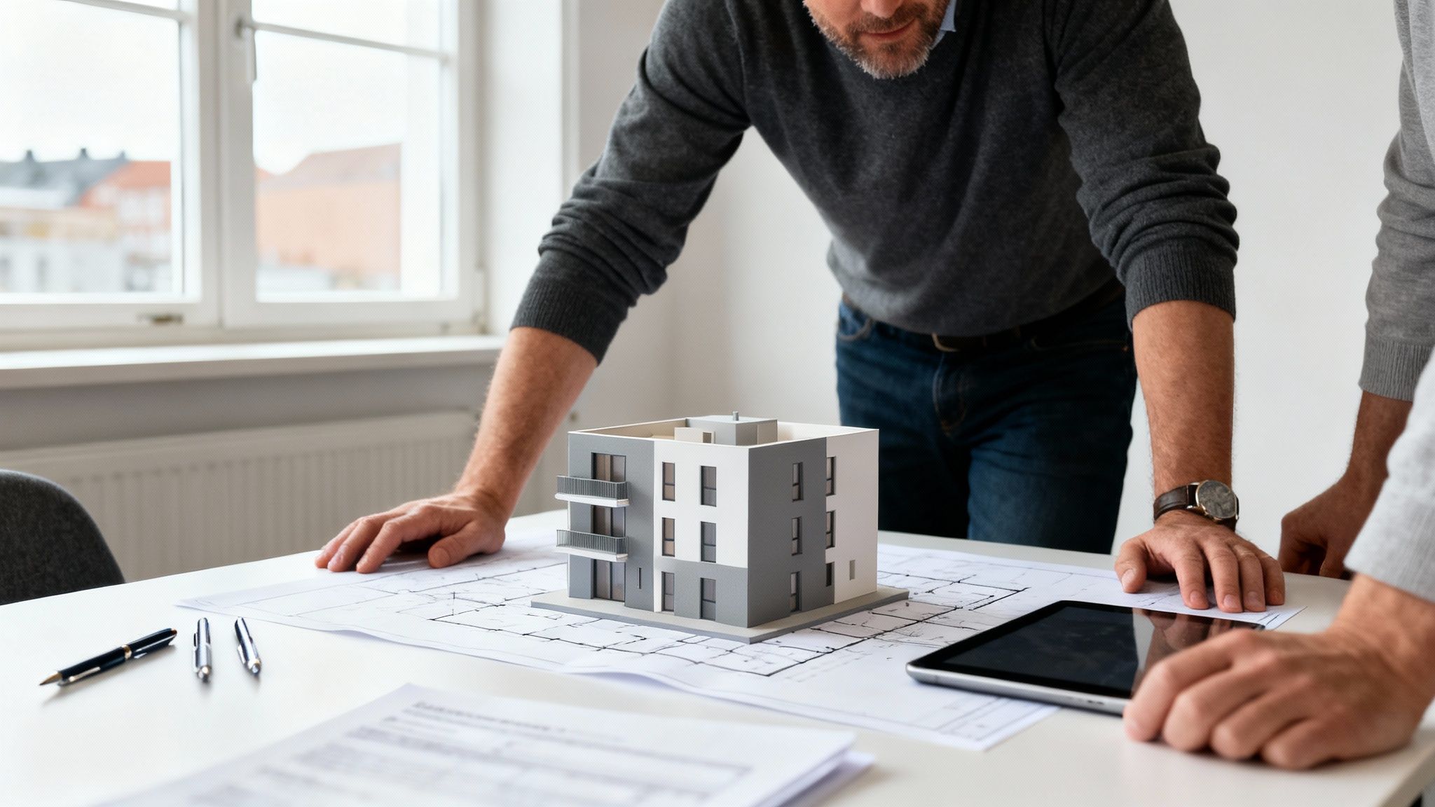 To mænd planlægger renovering af lejlighed på Amager med model og tegninger på bordet.