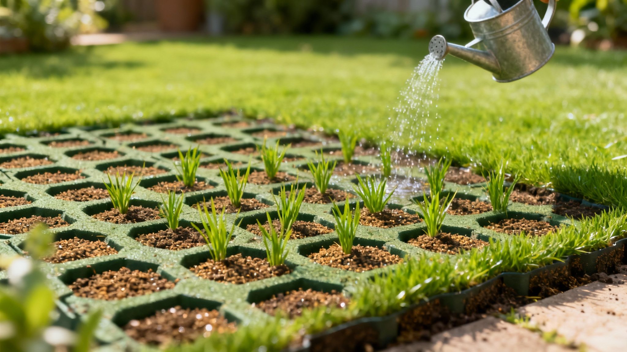 En person vander nye græsspirer i grønne græsarmeringsmåtter med en vandkande i en solrig have.