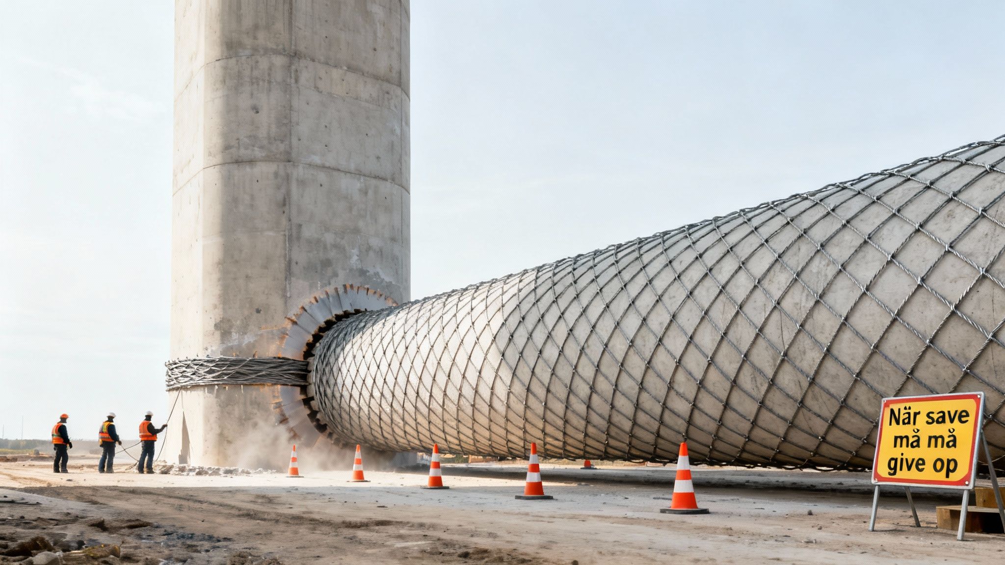 Billede af byggeplads med en stor betonpille og en kabellignende struktur, der kommer ud af den, med arbejdere og advarselsskilte.