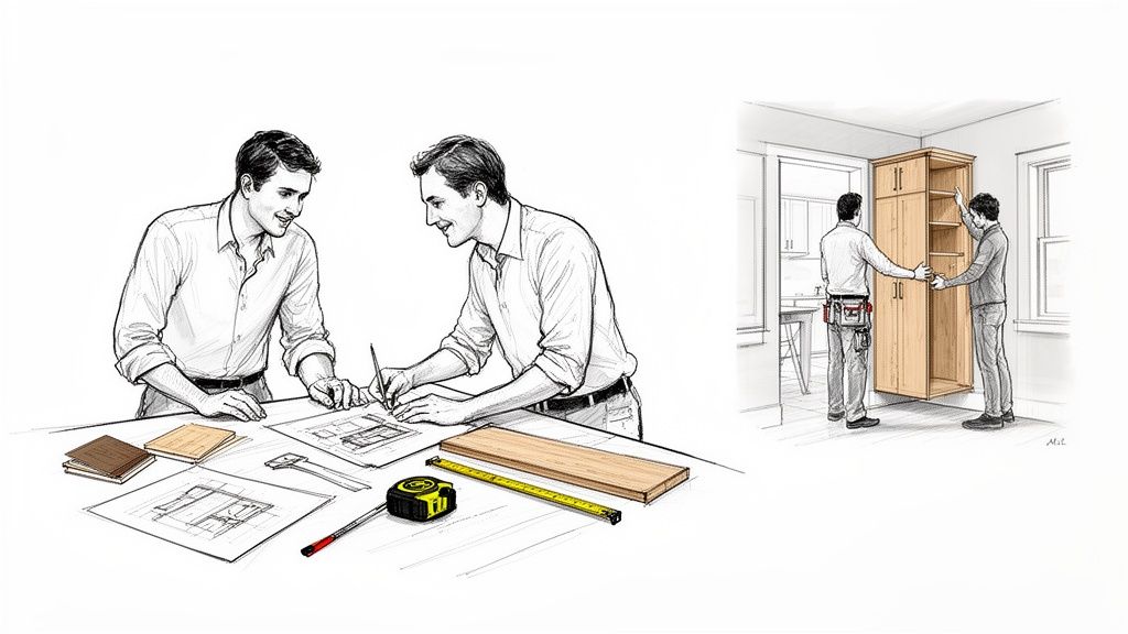 To mænd diskuterer køkkentegninger, mens to andre installerer skabe i et køkken. Et billede af køkkenrenovering.