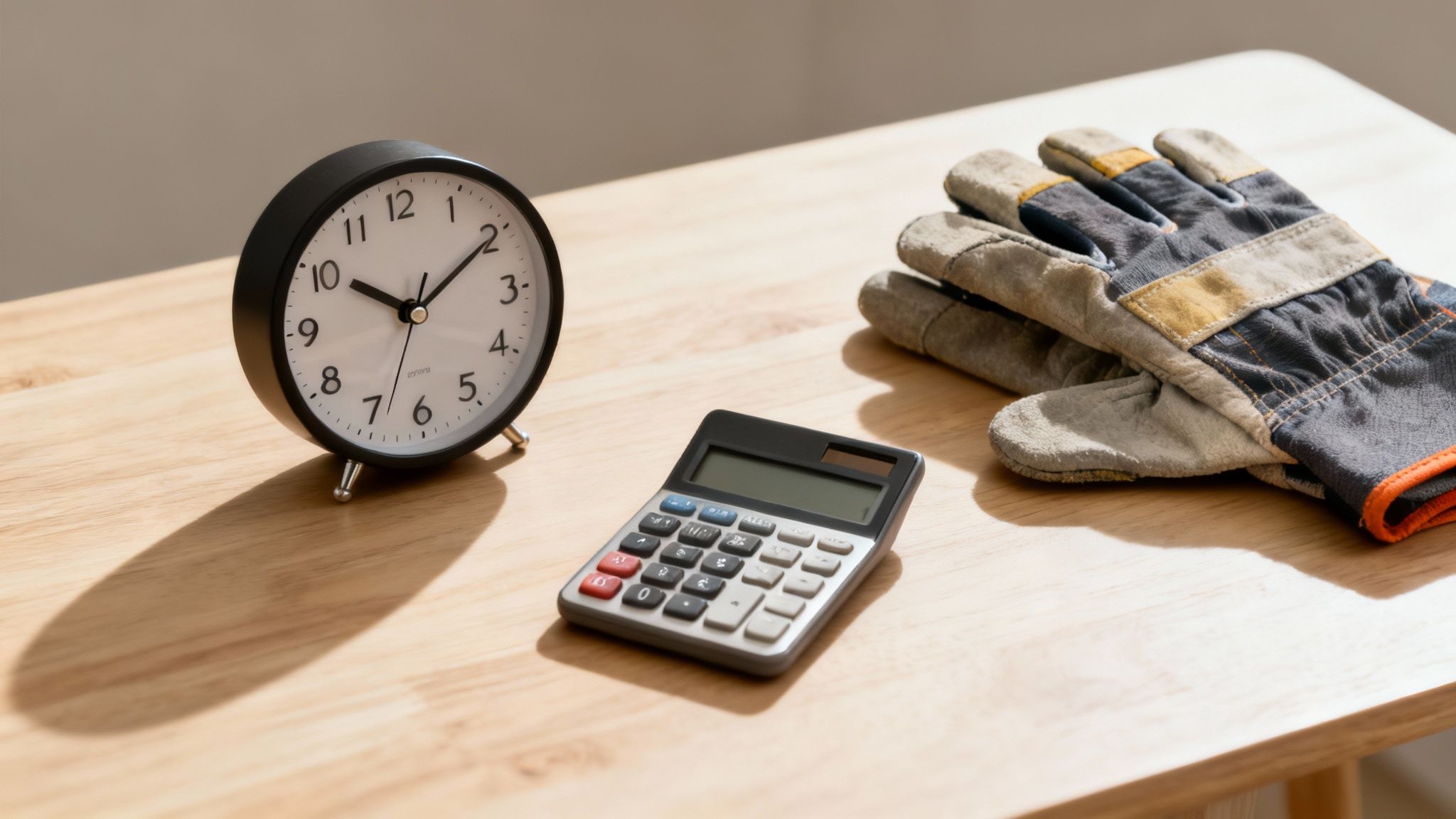 Et vækkeur, en lommeregner og et par arbejdshandsker ligger på et lyst træbord, hvilket symboliserer arbejde og tidsstyring.