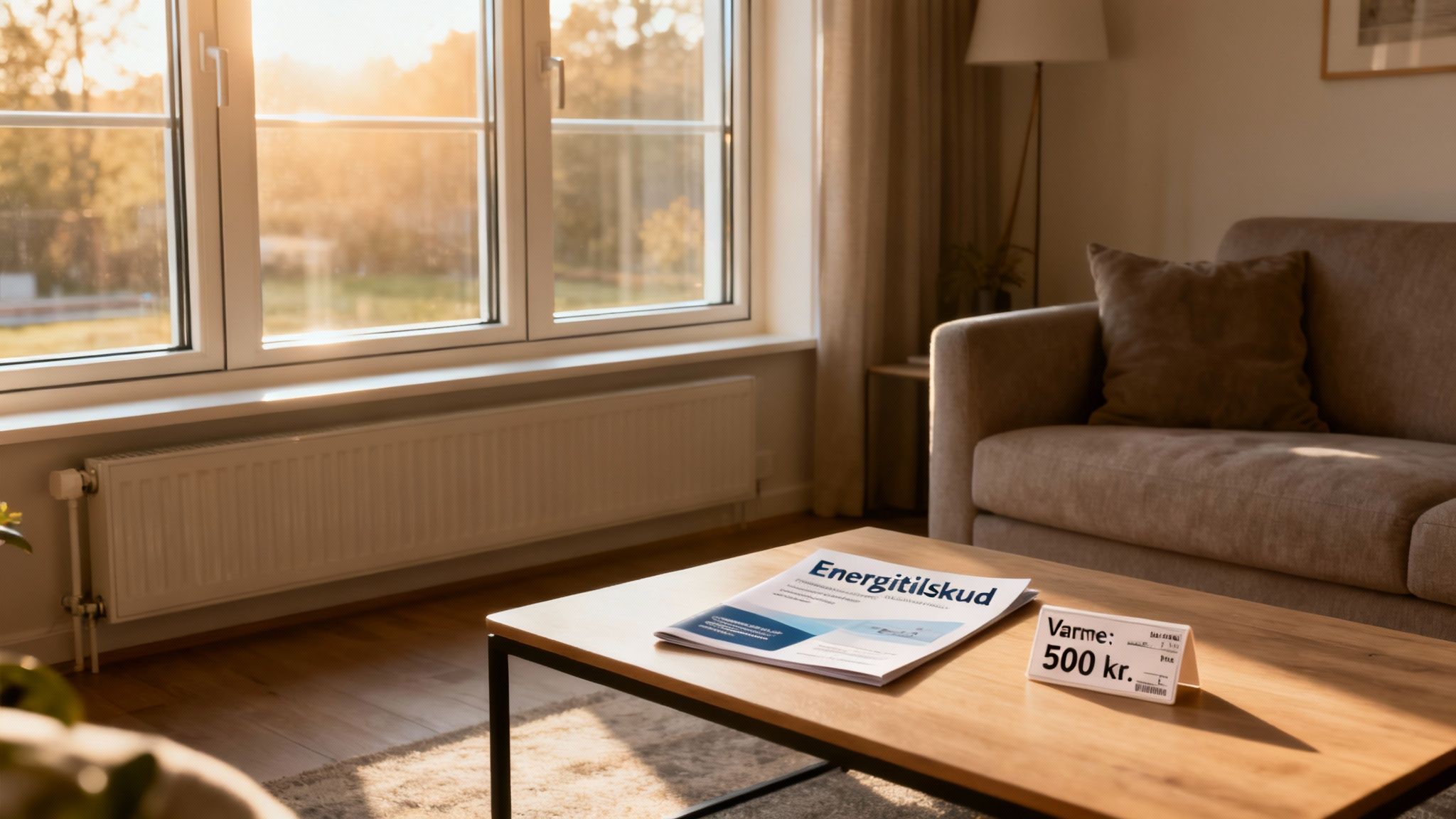 Hyggeligt stue med sollys, vindue, radiator og blad om energitilskud på sofabordet. Varmepris er 500 kr.