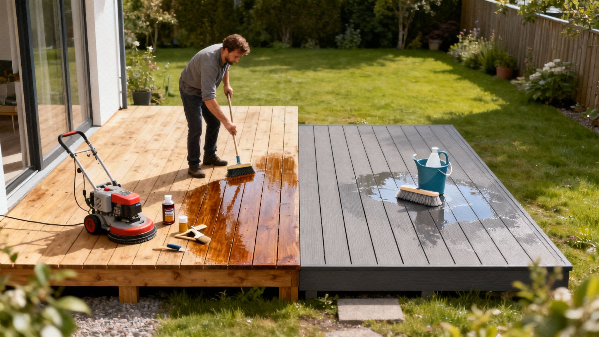 En person renser en træterrasse med en højtryksrenser, hvilket illustrerer det nødvendige vedligeholdelsesarbejde.