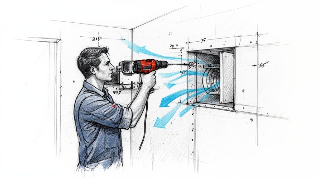 En mand borer i en væg for at installere et ventilationssystem, med blå pile der viser luftstrøm.