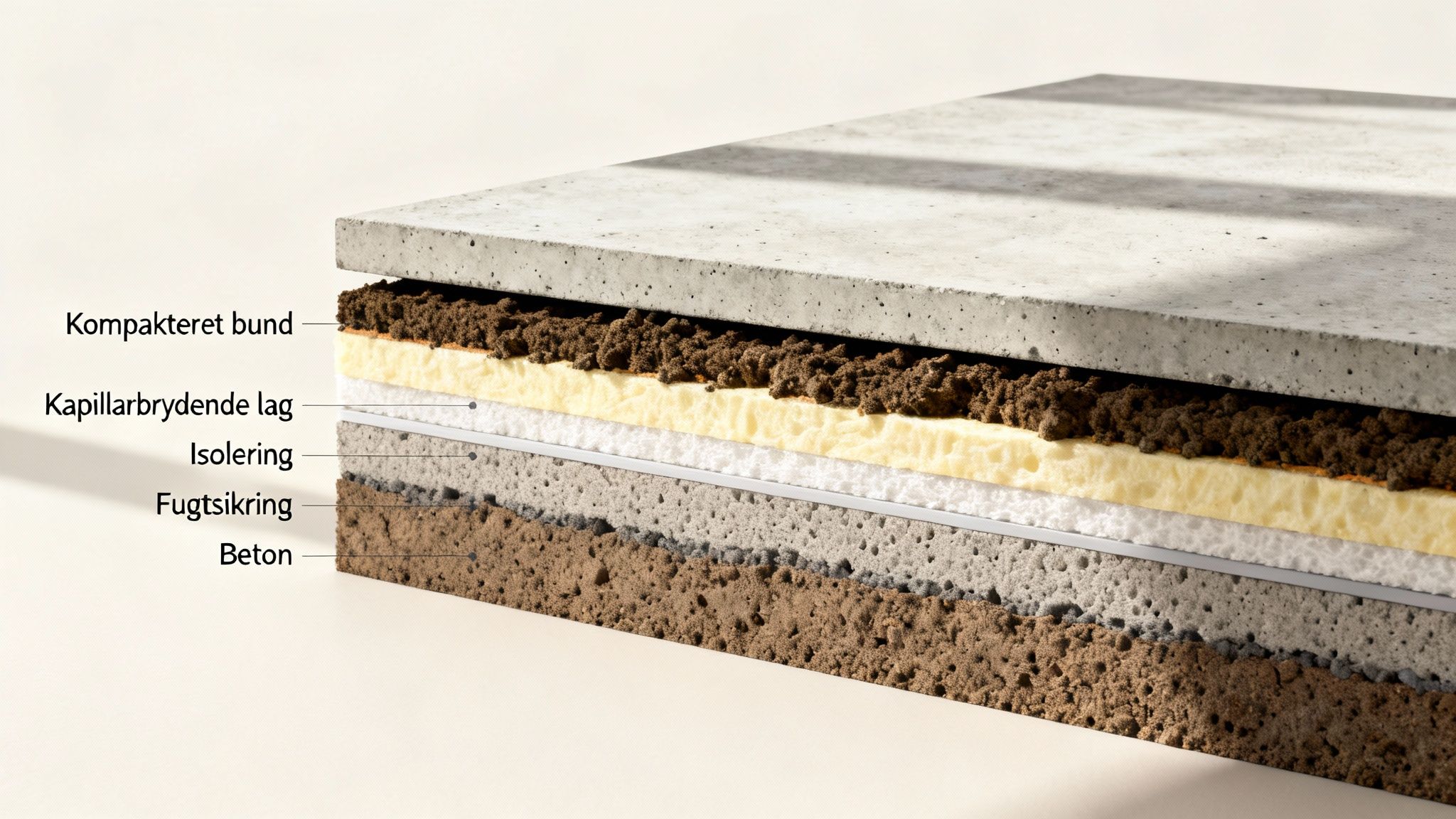 Snitbillede af en gulvkonstruktion, der viser de forskellige lag som komprimeret bund, kapillarbrydende lag, isolering, fugtsikring og beton.