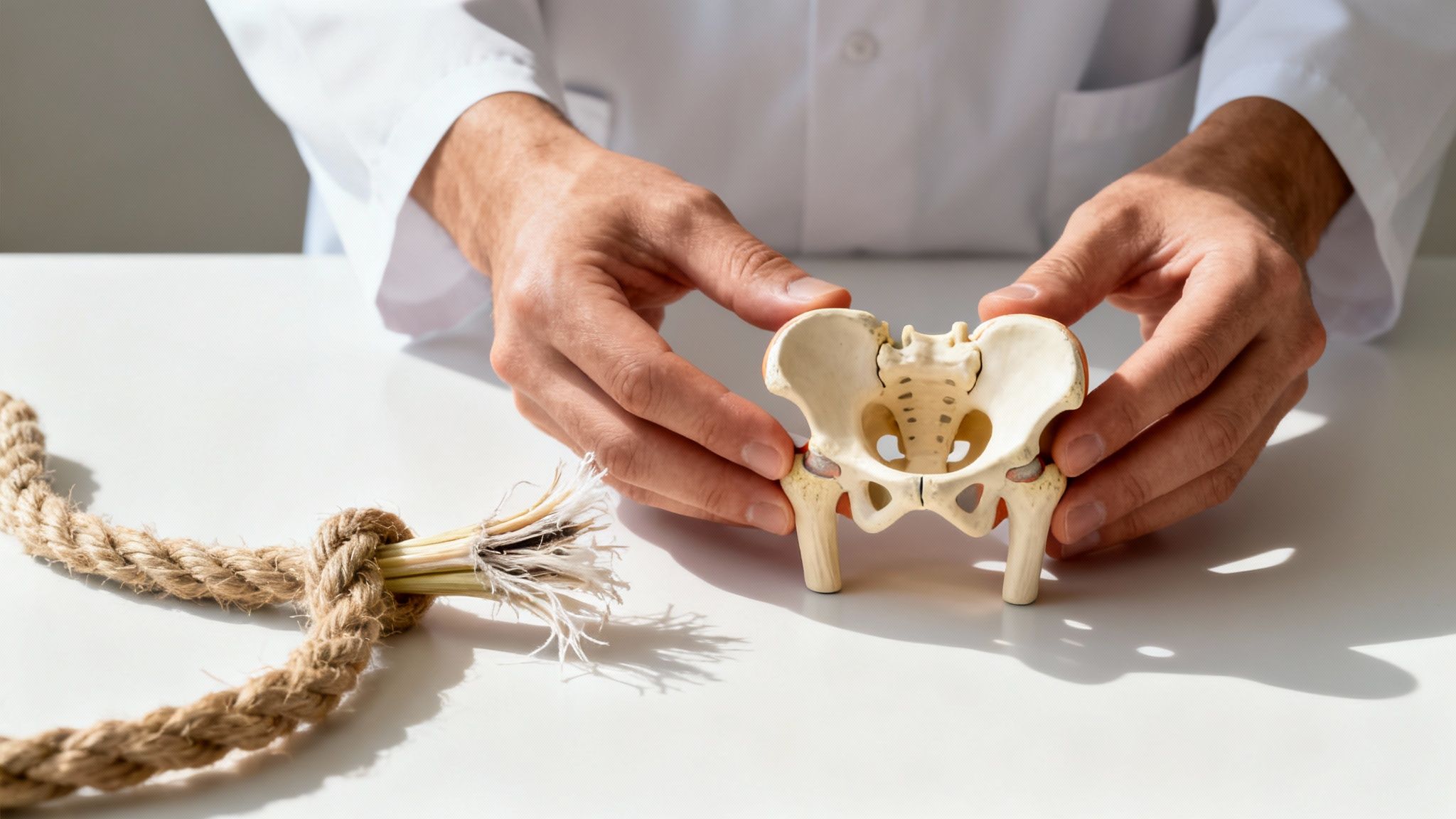 En læge holder en model af et bækken, mens et reb med en knude ligger på bordet.