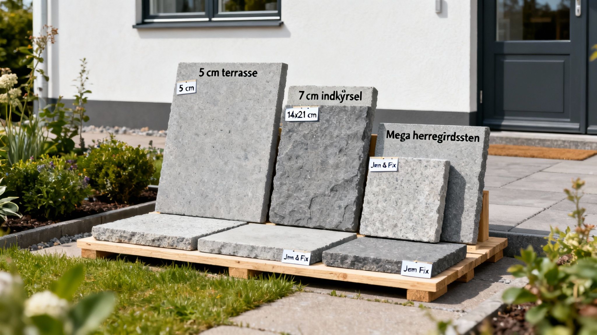 Udvalg af Jem & Fix terrassefliser, indkørselssten og herregårdssten præsenteret på en træpalle i en have.