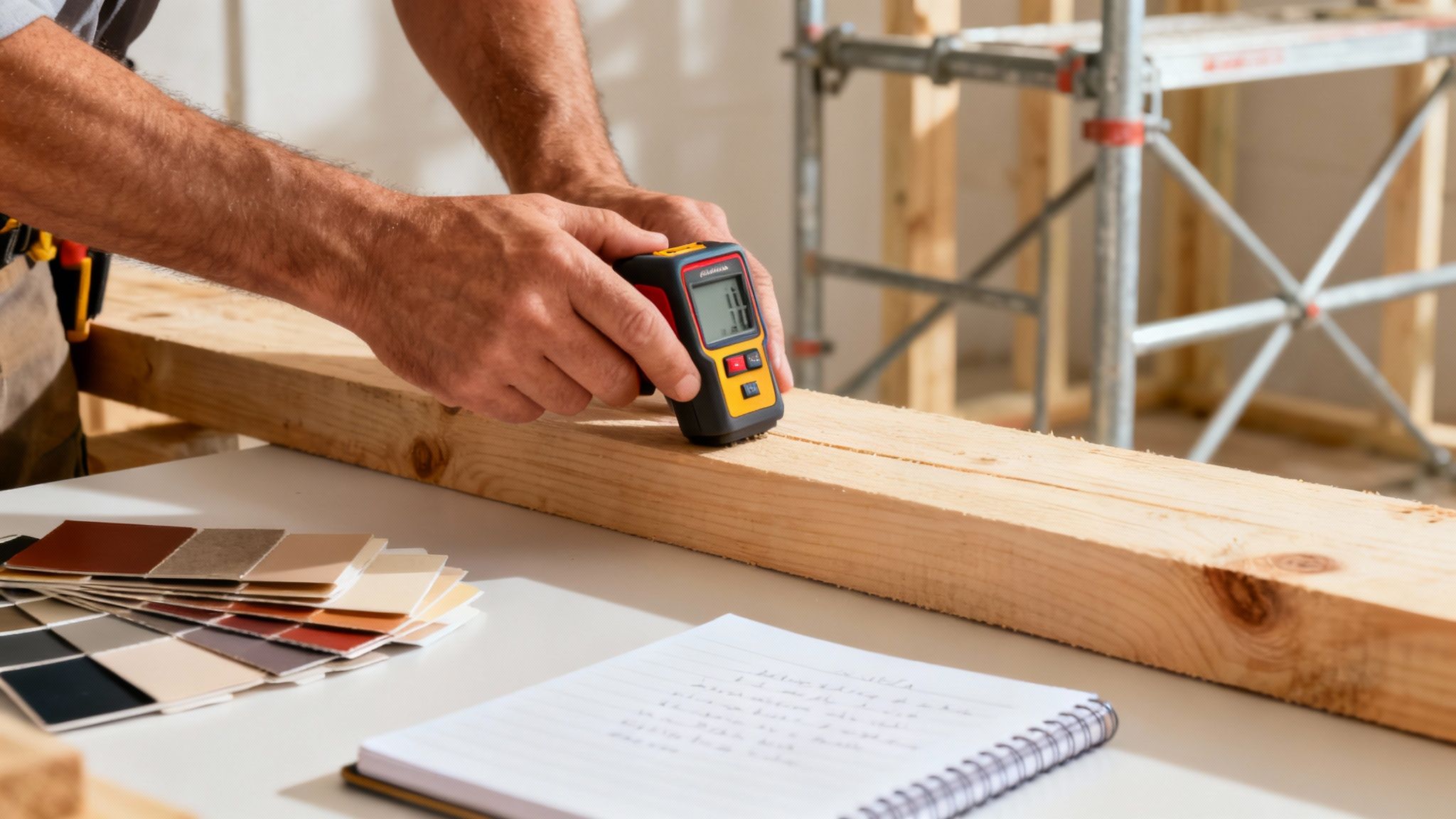 En håndværker måler fugtigheden i et stykke træ med en digital fugtmåler på en byggeplads. Farveprøver og en notesbog ligger på bordet.