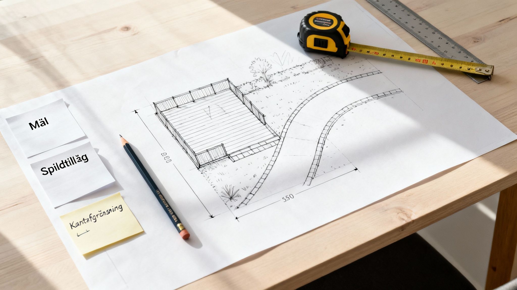 En haveplan med tegning af terrasse og sti, blyant, målebånd og huskesedler på et træbord.