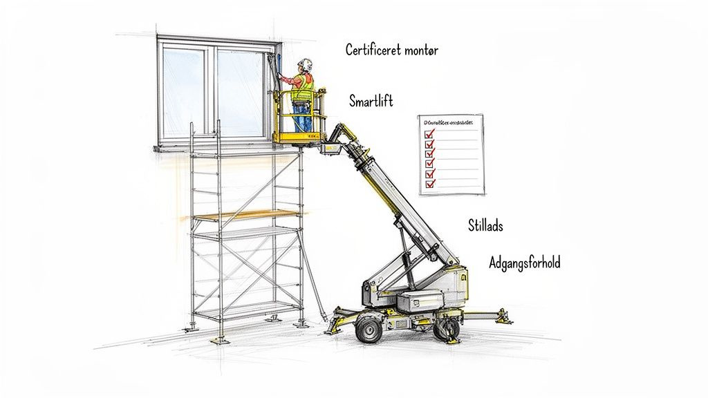 En certificeret montør monterer et vindue ved hjælp af en Smartlift og stillads, med fokus på sikkerhed og adgangsforhold.