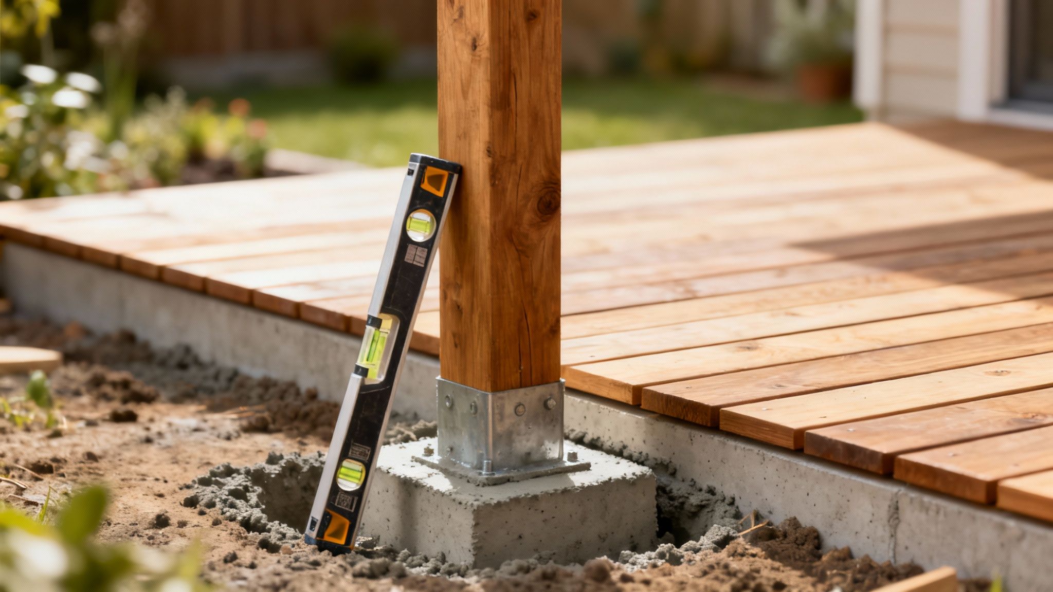 En træstolpe med et vaterpas lænet op ad, fastgjort i et betonfundament ved en træterrasse under opførelse.